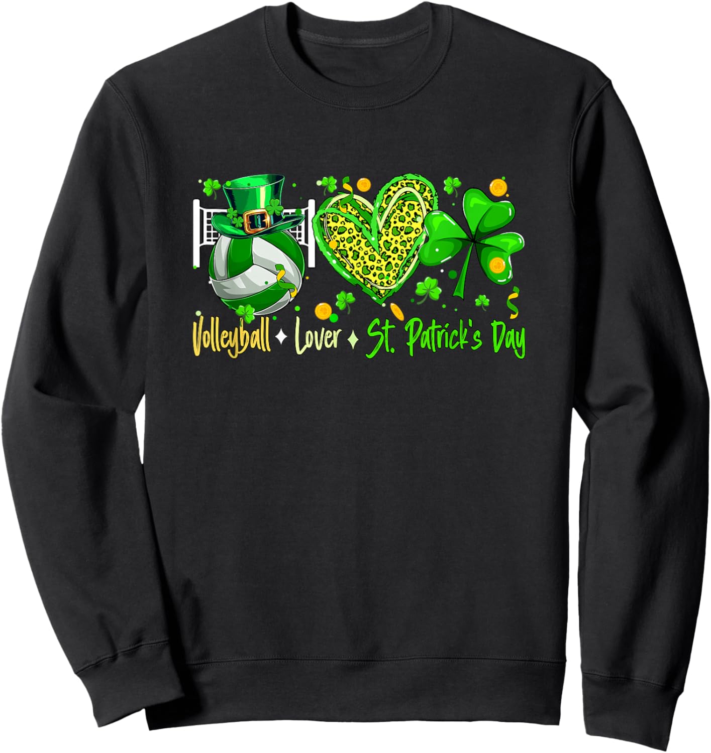 Volleyball Lover St. Patrick's Day Player Team Leopard Heart Sweatshirt - Sweatshirt | Black