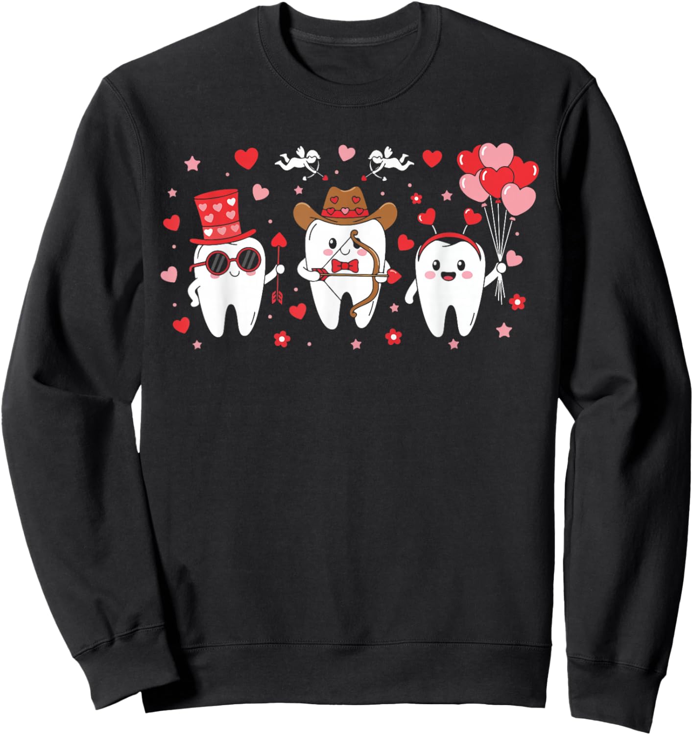 Cute Three Teeth Holding Hearts Dentist Funny Valentines Sweatshirt - Sweatshirt | Black