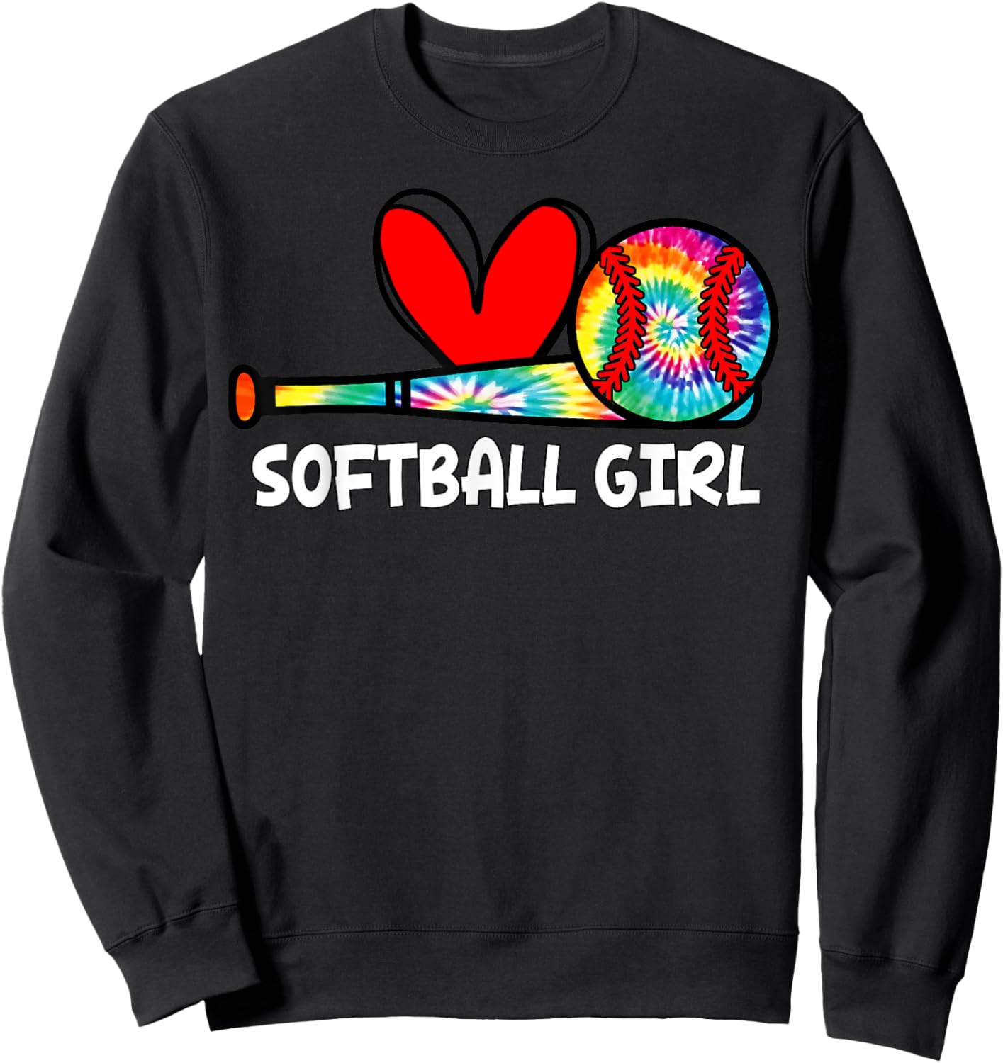 Softball Girl Tie Dye Heart Ball Cute Girls Softball Sweatshirt - Sweatshirt | Black
