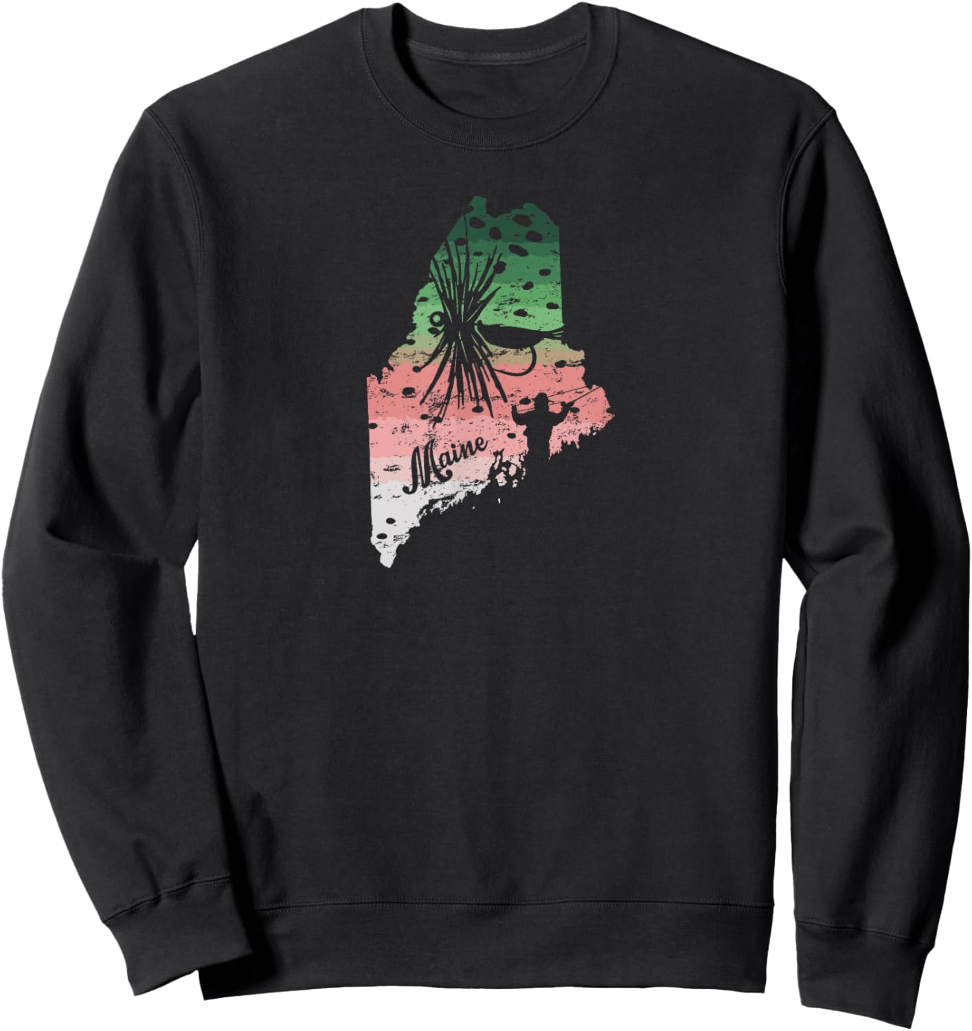 Vintage Big Fly Rainbow Trout Maine Map Fly Fishing Sweatshirt - Sweatshirt | Black