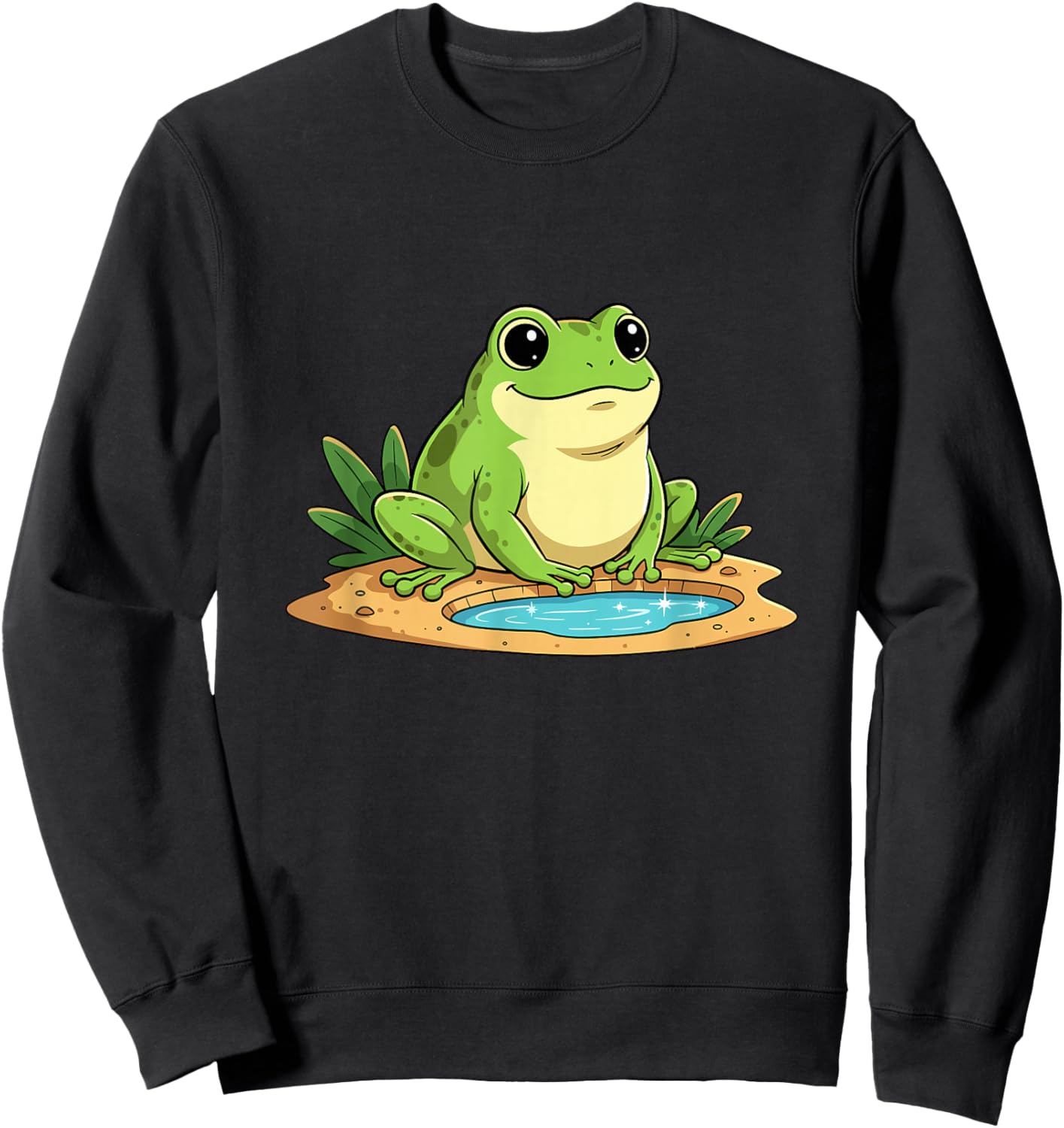 Kawaii Green Frog Sitting by Small Pond Cute Sweatshirt - Sweatshirt | Black