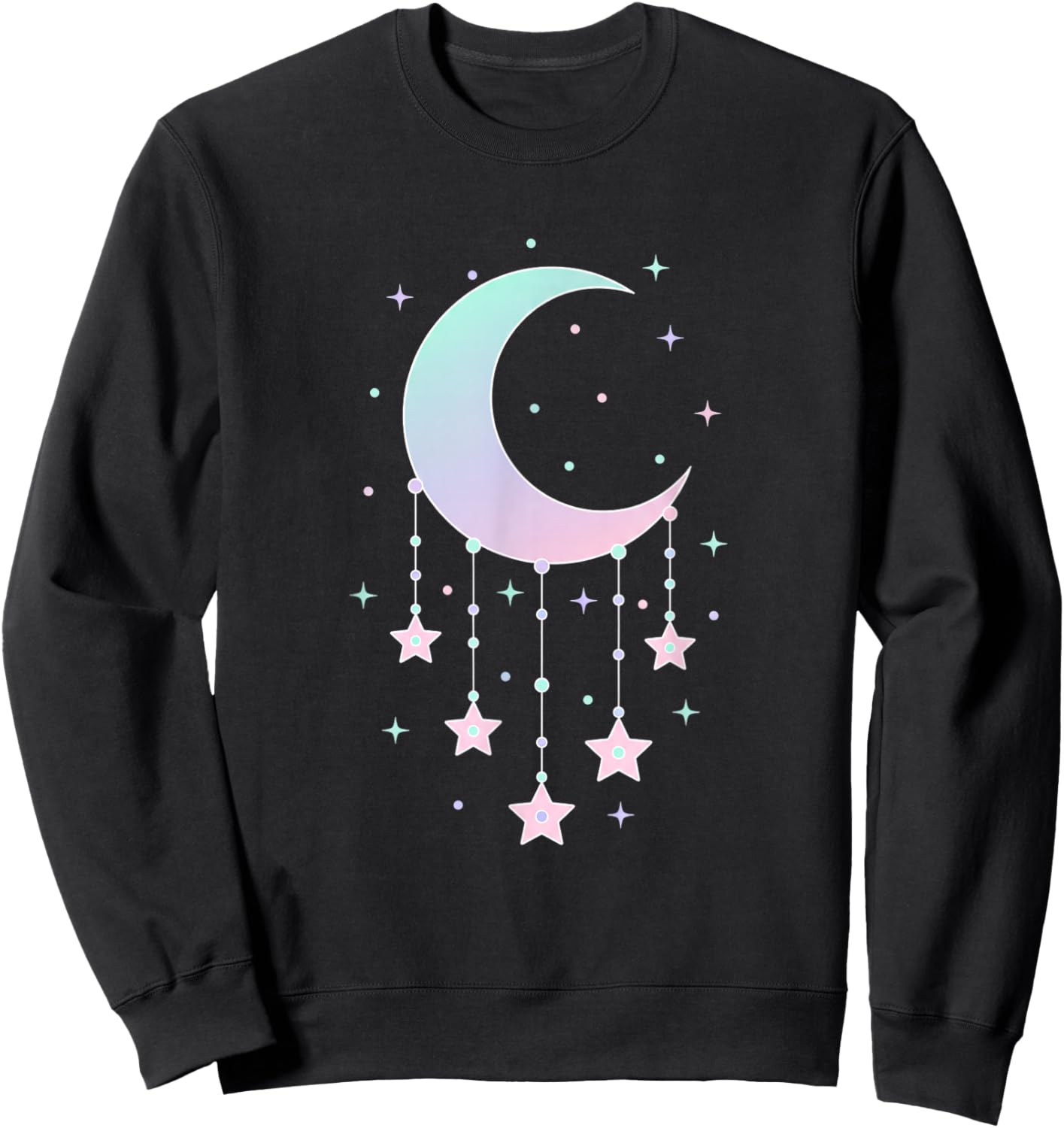 Kawaii Crescent Moon with Hanging Stars Pastel Anime Cute Sweatshirt - Sweatshirt | Black