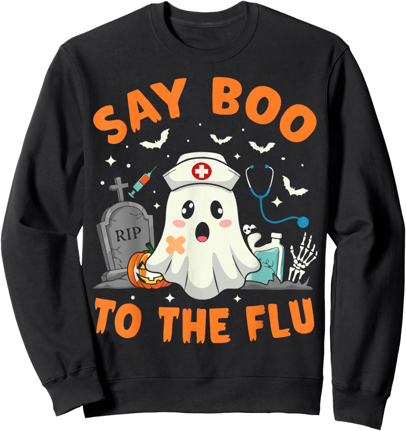 Funny Ghost Pharmacist Halloween Vaccine Say Boo to The Flu Sweatshirt - Sweatshirt | Black