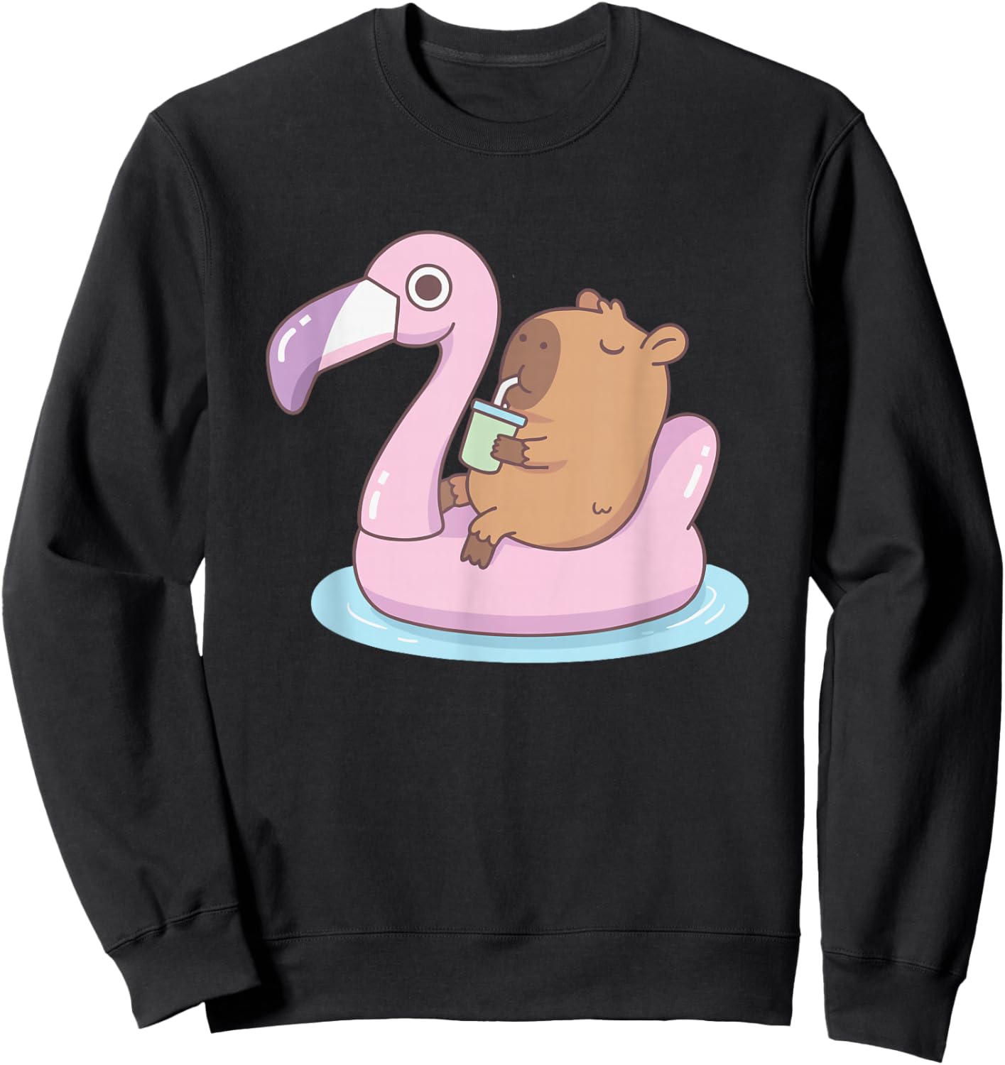 Cute Capybara Floating Flamingo Pool Summer Cartoon Sweatshirt - Sweatshirt | Black