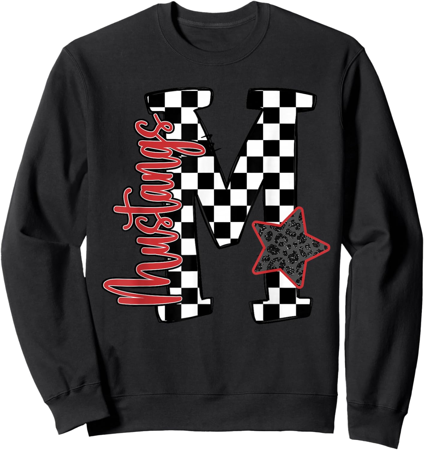 Red Mustangs Checkered Print Star School Spirit Mascot Sweatshirt - Sweatshirt | Black