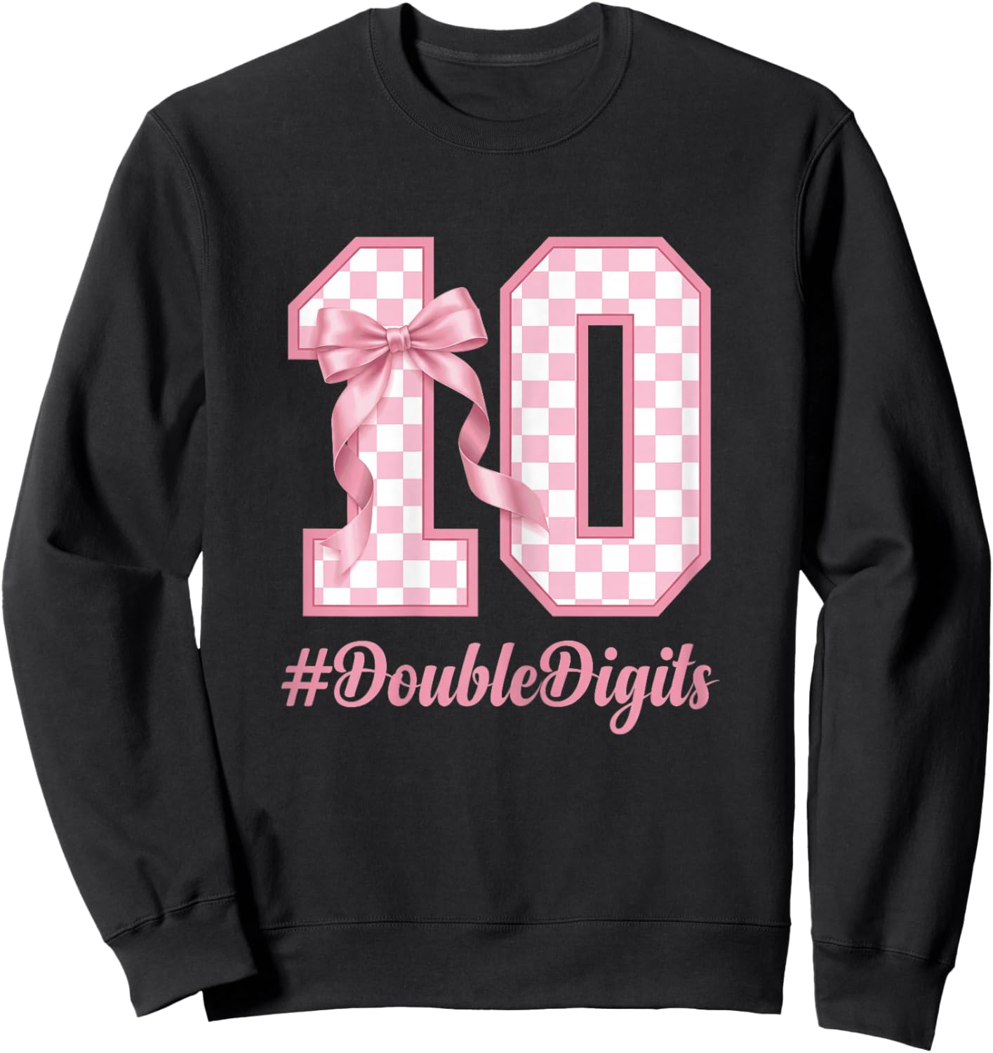 Cute Bow Pink Checkered 10th Birthday Coquette Girl Sweatshirt - Sweatshirt | Black