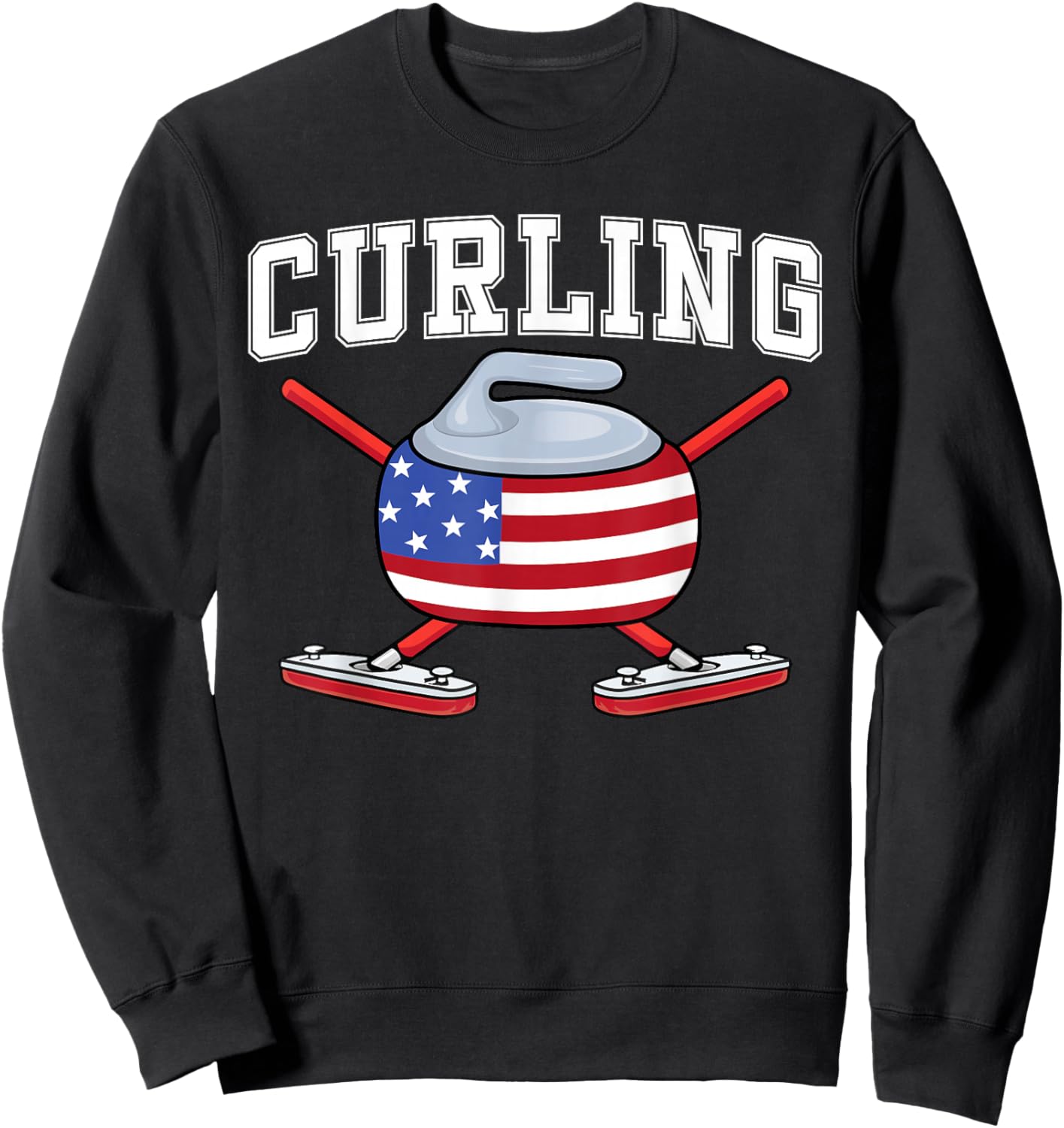 Winter Ice Sports US Curler Broom American Flag Curling Fan Sweatshirt - Sweatshirt | Black