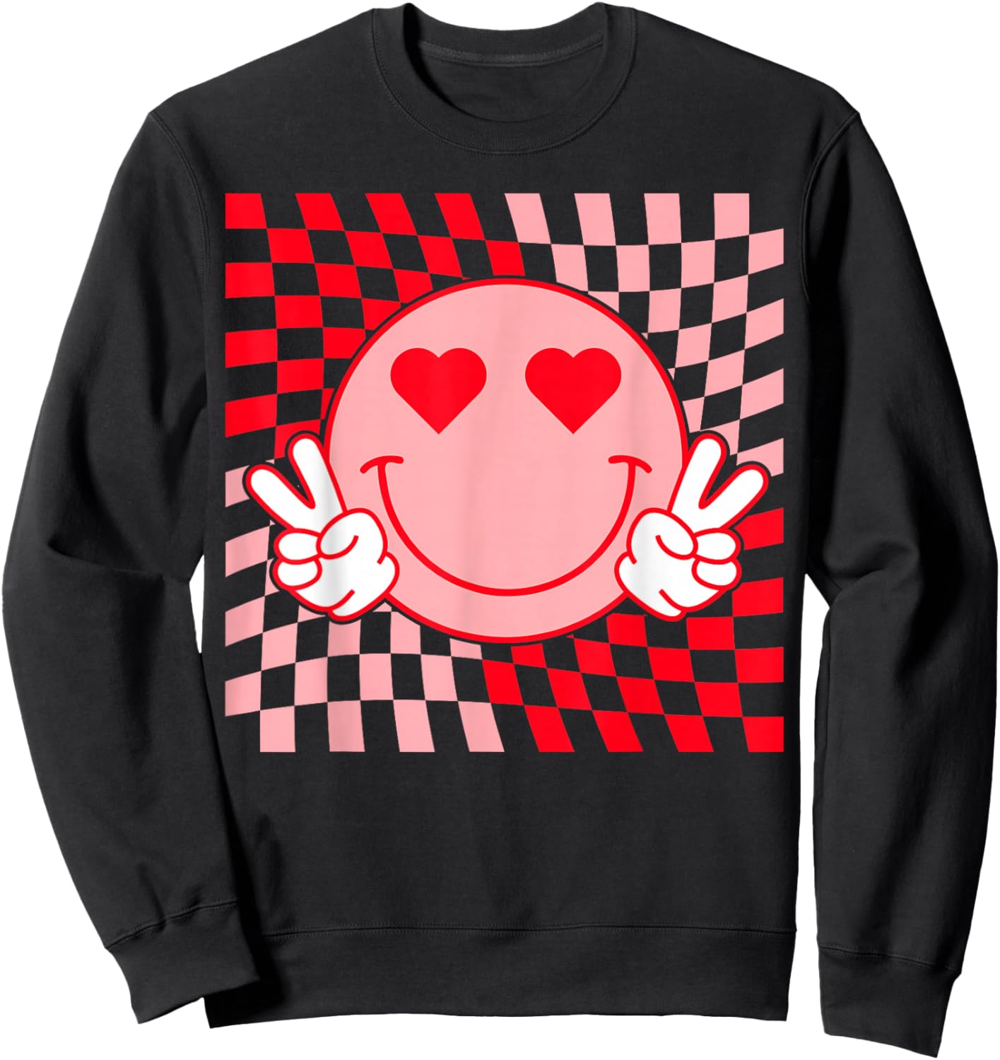 Retro Checkered Smile Face Hearts Valentine Funny Trendy Sweatshirt - Sweatshirt | Black