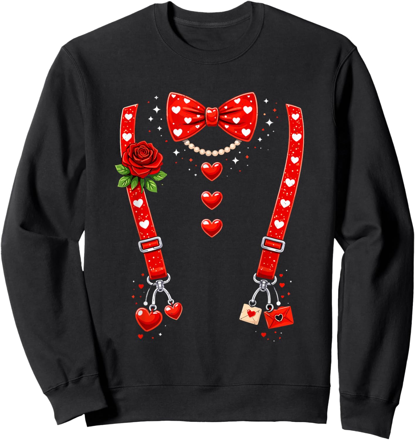 Valentines Day Red Hearts Bow Tie Funny Suspender Couple Sweatshirt - Sweatshirt | Black