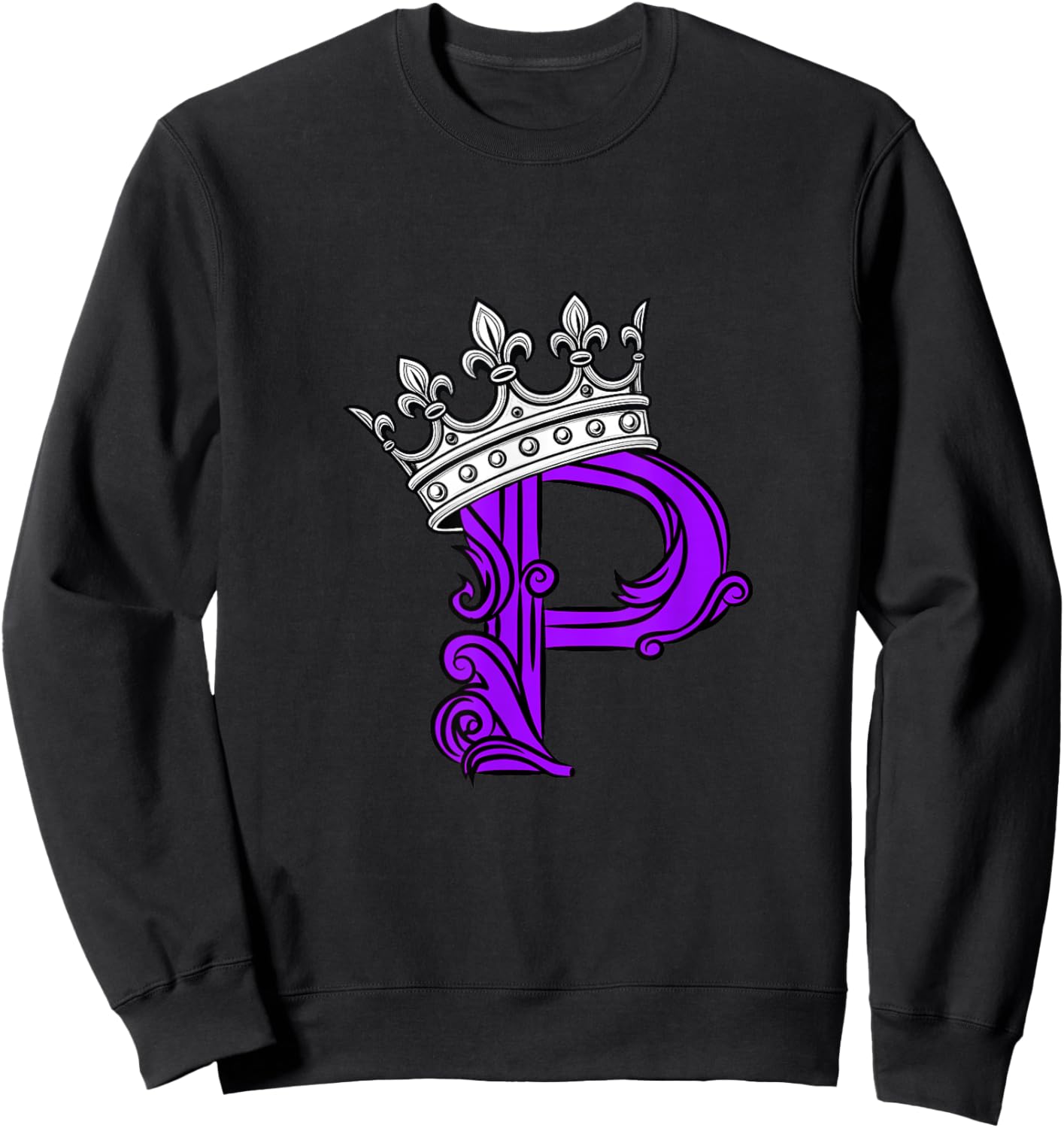Purple Color Letter P Initial + Crown Purple Graphic Sweatshirt - Sweatshirt | Black