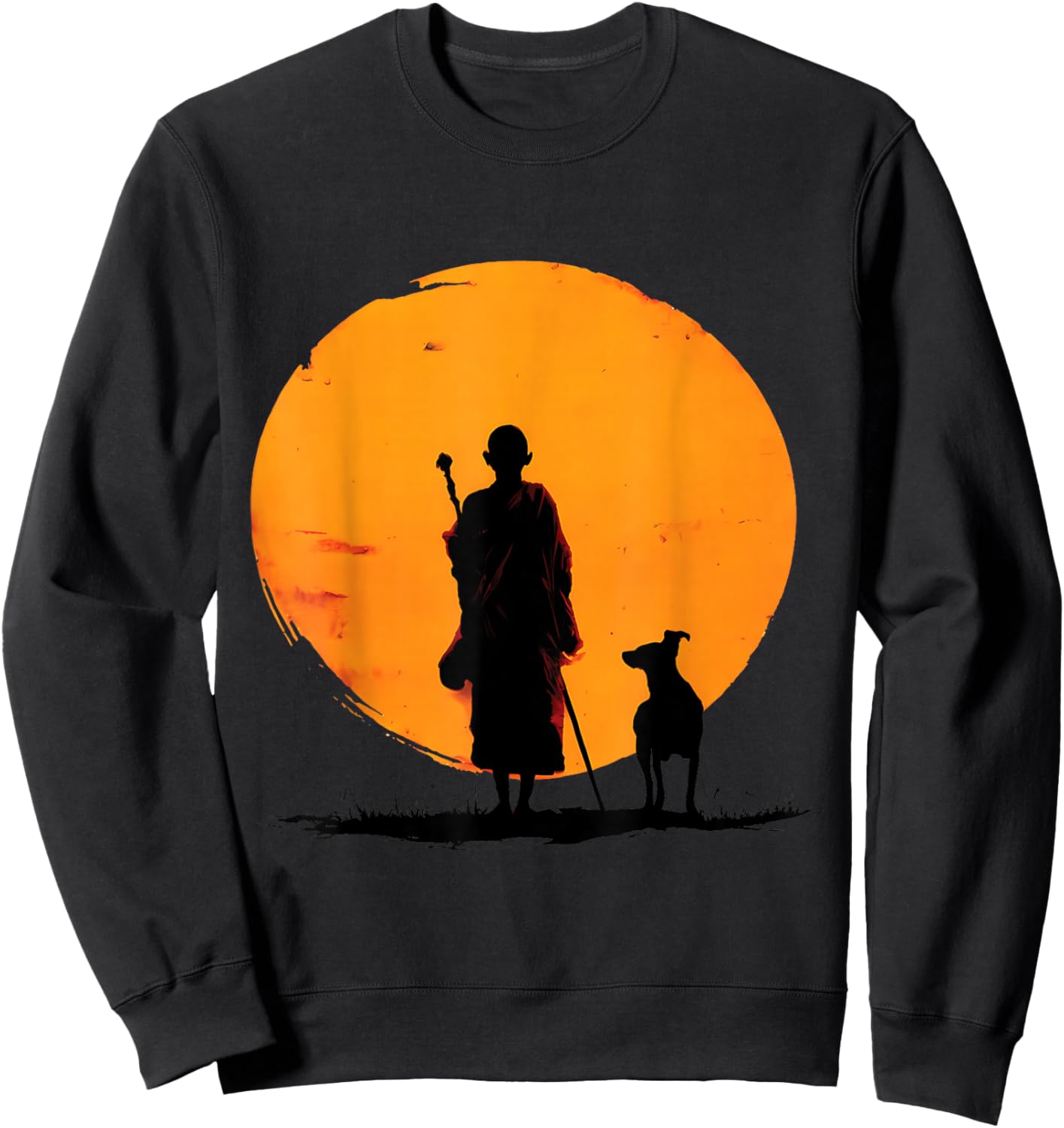 Retro Peace Walking Monks & Dog Minimalist Zen Art Graphic Sweatshirt - Sweatshirt | Black