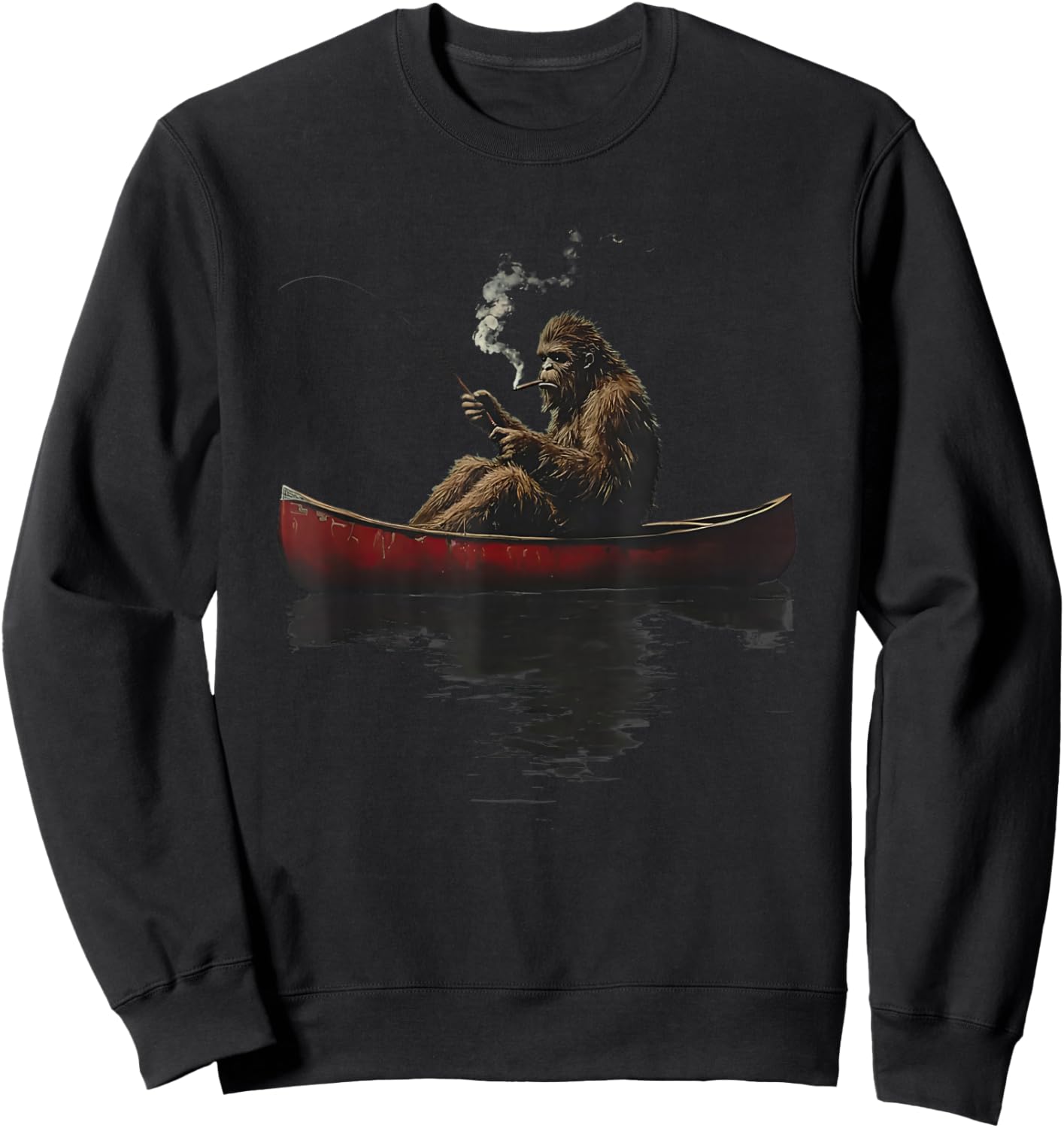 Bigfoot on a red Canoe Fishing Retro Art Print Sweatshirt - Sweatshirt | Black