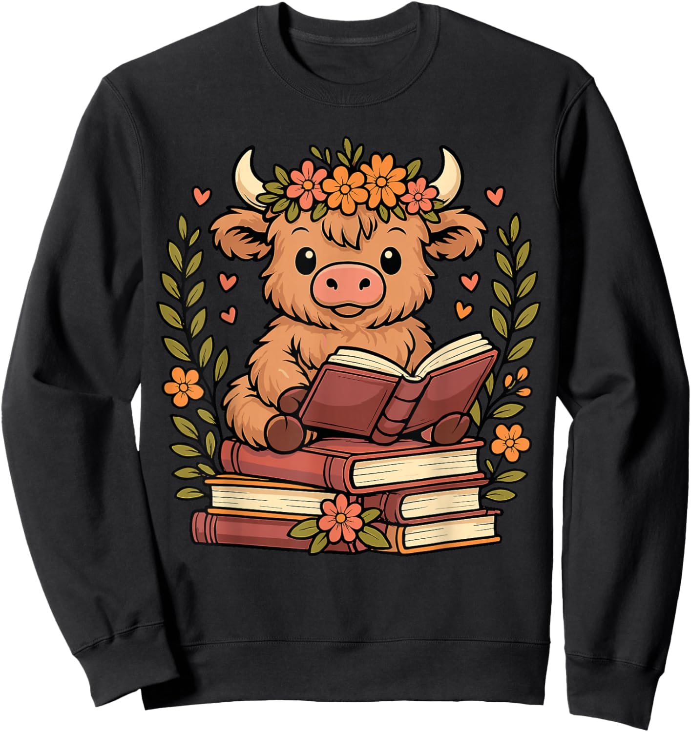 Highland Cow Reading Book Graphic Cow with Book Floral Sweatshirt - Sweatshirt | Black