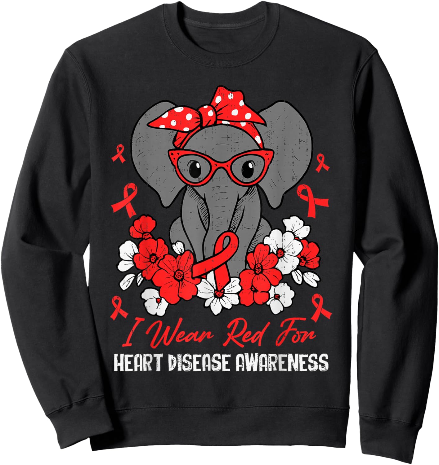 Heart Health Elephant Red Ribbon Heart Disease Awareness CHD Sweatshirt - Sweatshirt | Black