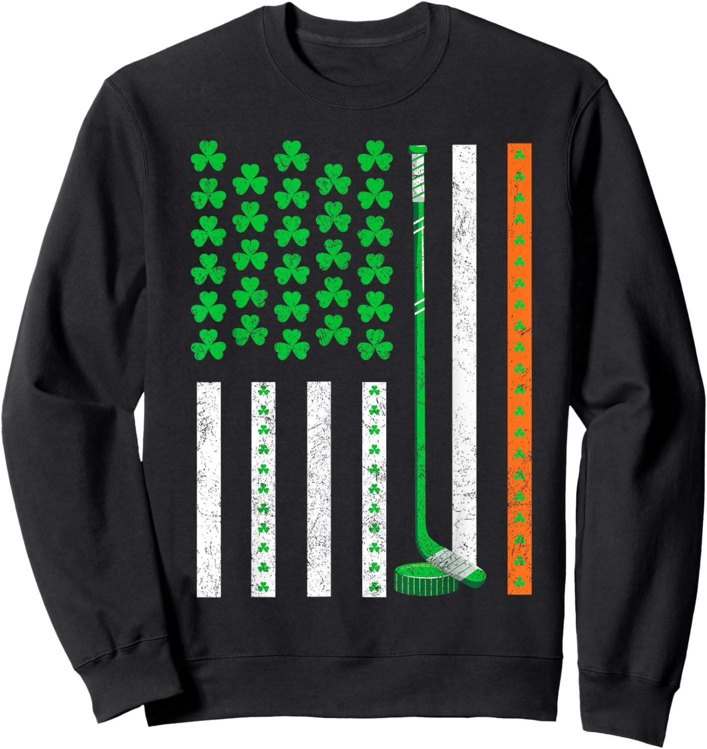Vintage St Patrick's Day Shamrock Sport American Flag Hockey Sweatshirt - Sweatshirt | Black