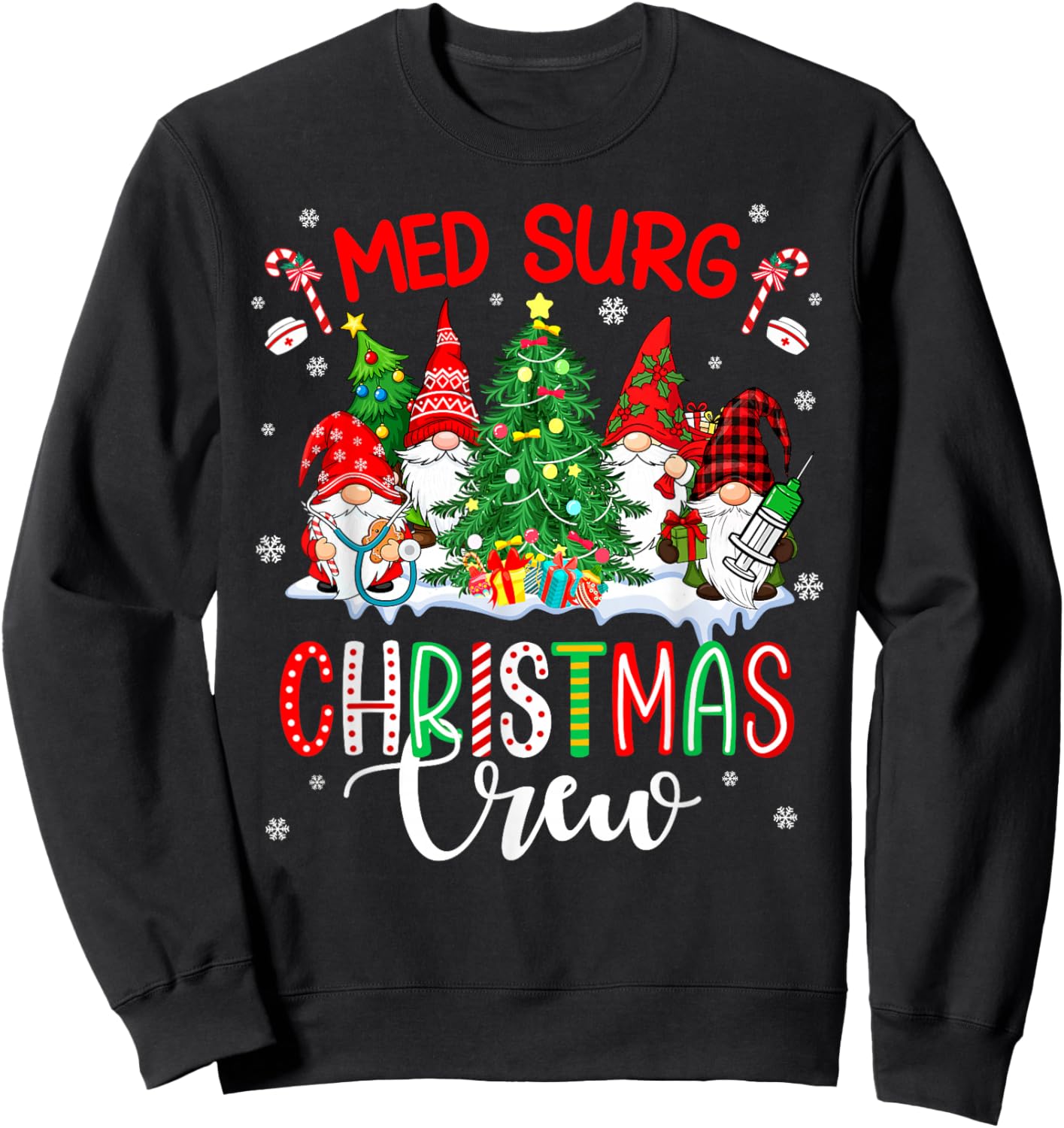 Med Surg Christmas Crew Group Gnomes Decorating Xmas Tree Sweatshirt - Sweatshirt | Black