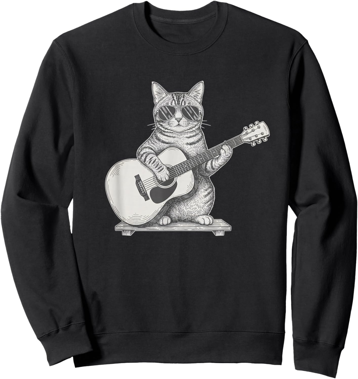 Tabby Cat Playing Acoustic Guitar Cool Sunglasses Musician Sweatshirt - Sweatshirt | Black