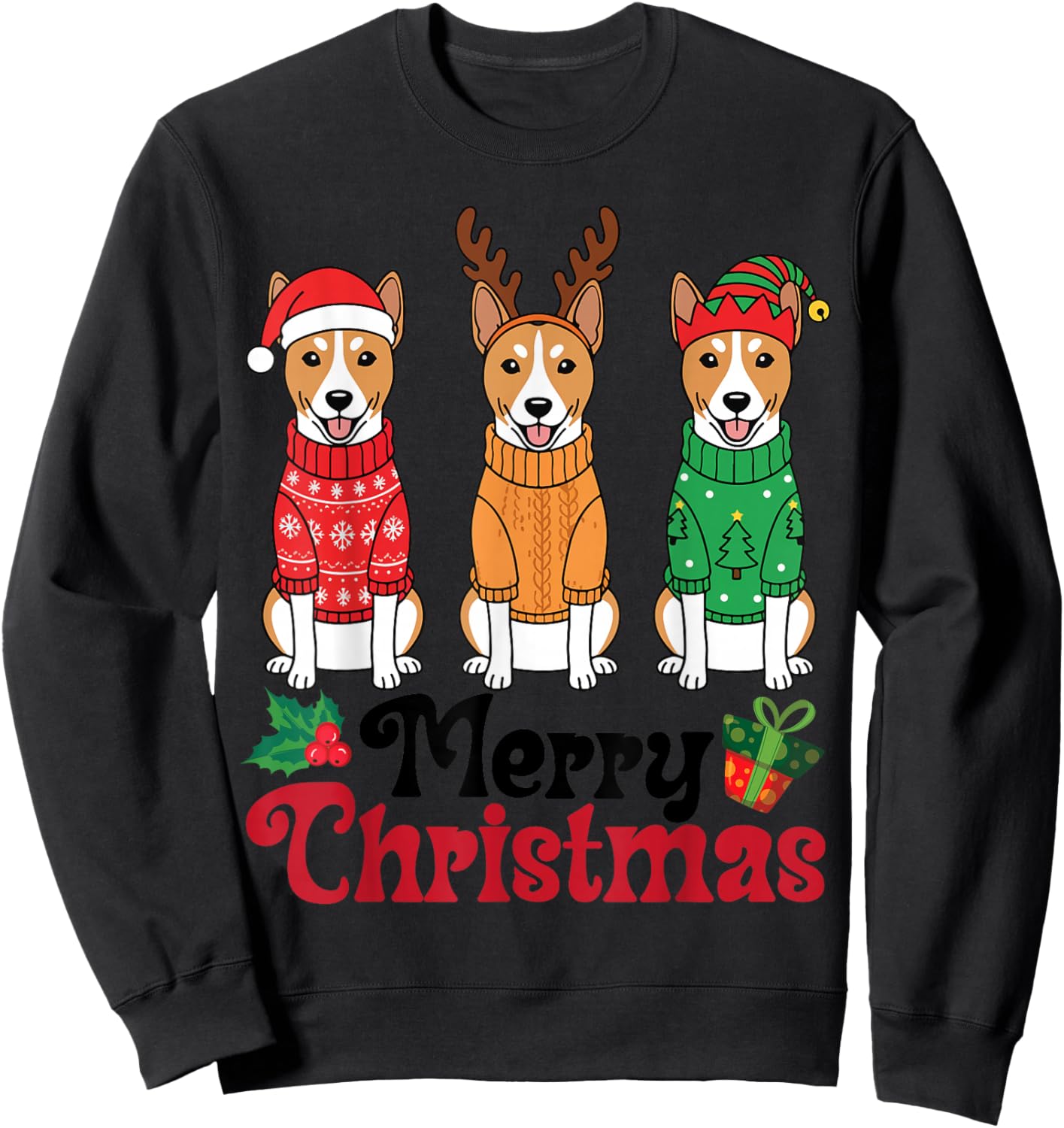 Basenji Dogs in Sweaters Santa Reindeer Elf Merry Christmas Sweatshirt - Sweatshirt | Black