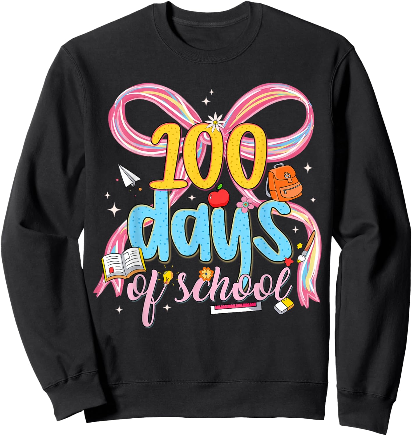 Happy 100 Days of School Cute Coquette Bow Girl Kid Teacher Sweatshirt - Sweatshirt | Black