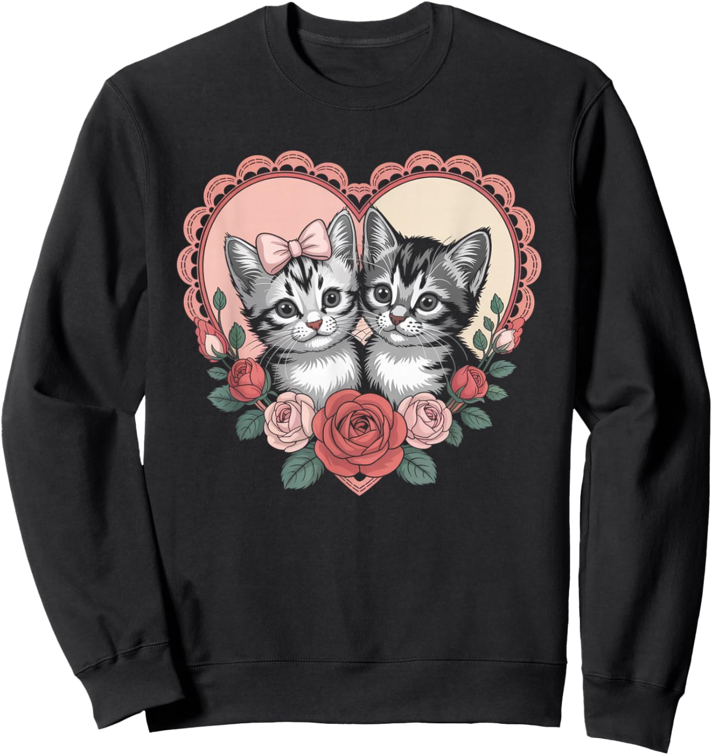Cute Kittens in Heart with Roses Romantic Cat Sweatshirt - Sweatshirt | Black