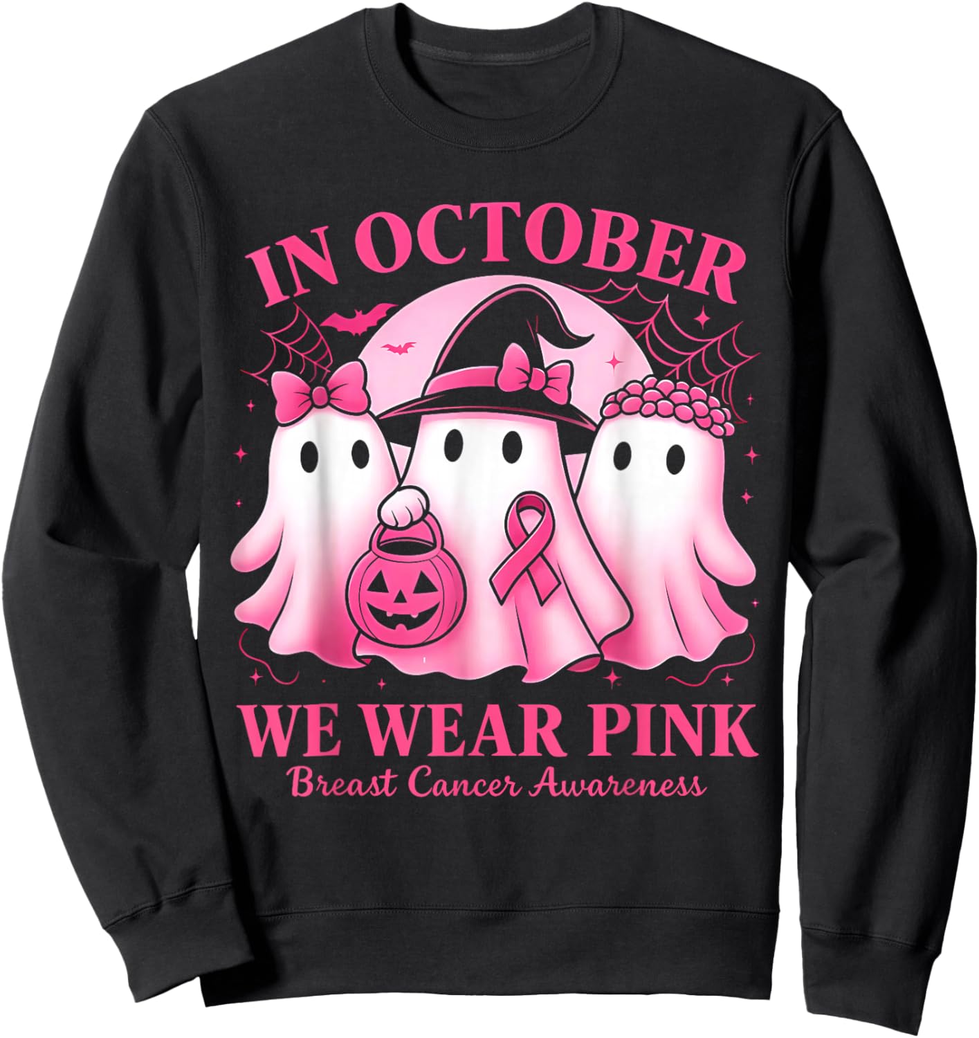 in October We Wear Pink Ghost Trio Breast Cancer Awareness Sweatshirt - Sweatshirt | Black