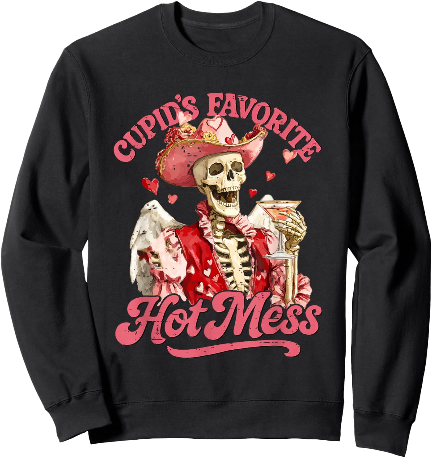 Retro Cupid's Favorite Hot Mess Funny Skeleton Valentine Sweatshirt - Sweatshirt | Black