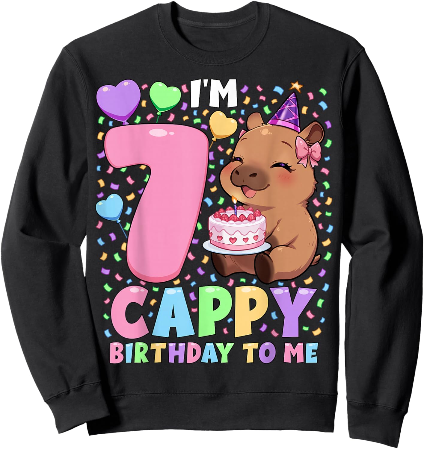 Capybara Birthday Shirt 7 Kawaii Girl Capybara 7th Birthday Sweatshirt - Sweatshirt | Black