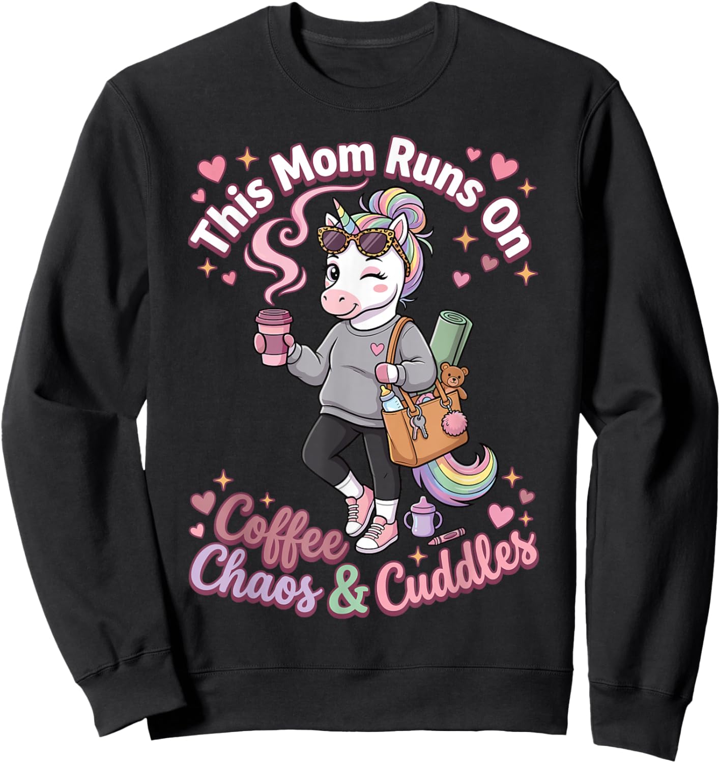 This Mom Runs On Coffee Chaos and Cuddles Unicorn Mom Sweatshirt - Sweatshirt | Black