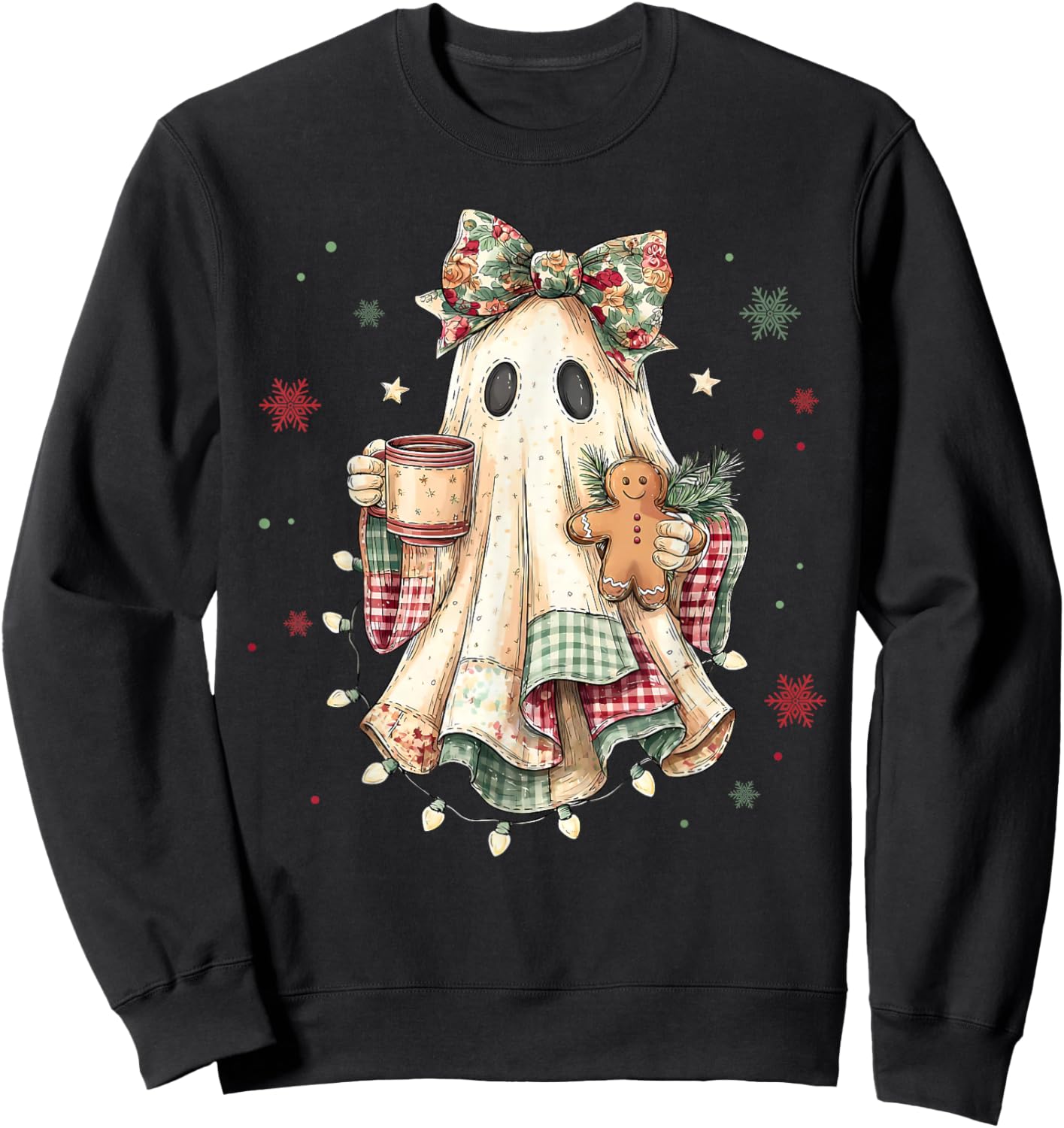 Funny Ghost Gingerbread Merry Christmas Xmas Lights Holiday Sweatshirt - Sweatshirt | Black