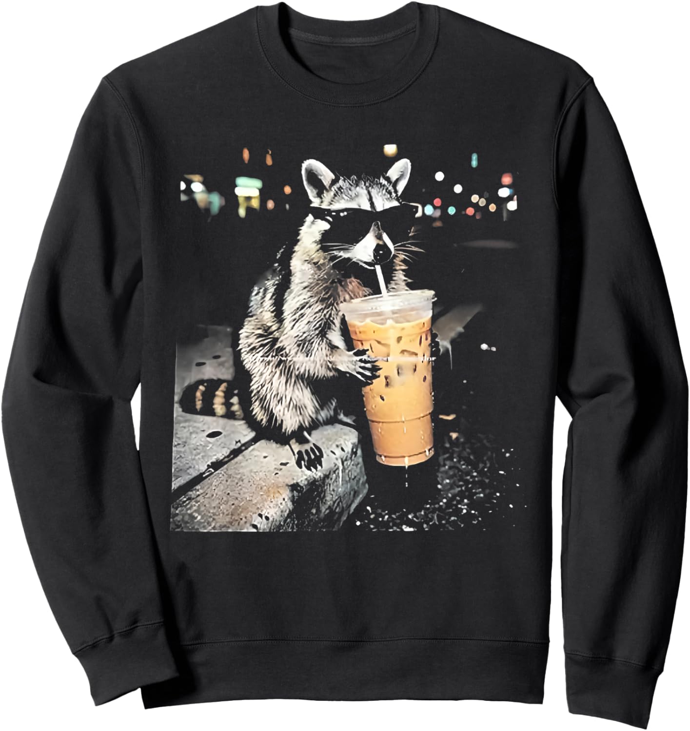 Funny Raccoon Drinking iced Coffee Sweatshirt - Sweatshirt | Black