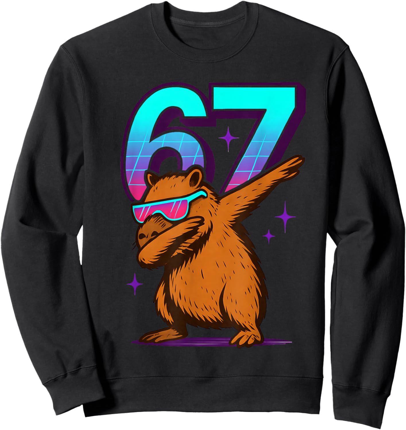 Neon Retro Dabbing Capybara 67 Meme Capy Lover Teens Kids Sweatshirt - Sweatshirt | Black
