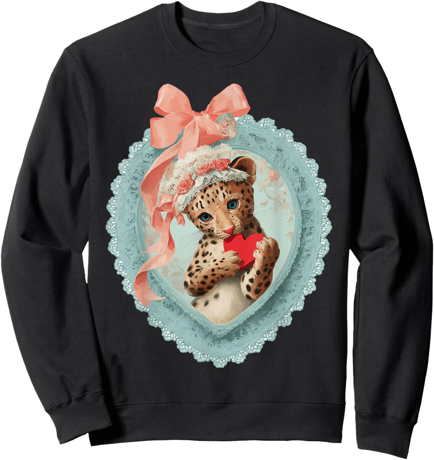 Cute Leopard Valentine with Heart Vintage Animal Coquette Sweatshirt - Sweatshirt | Black