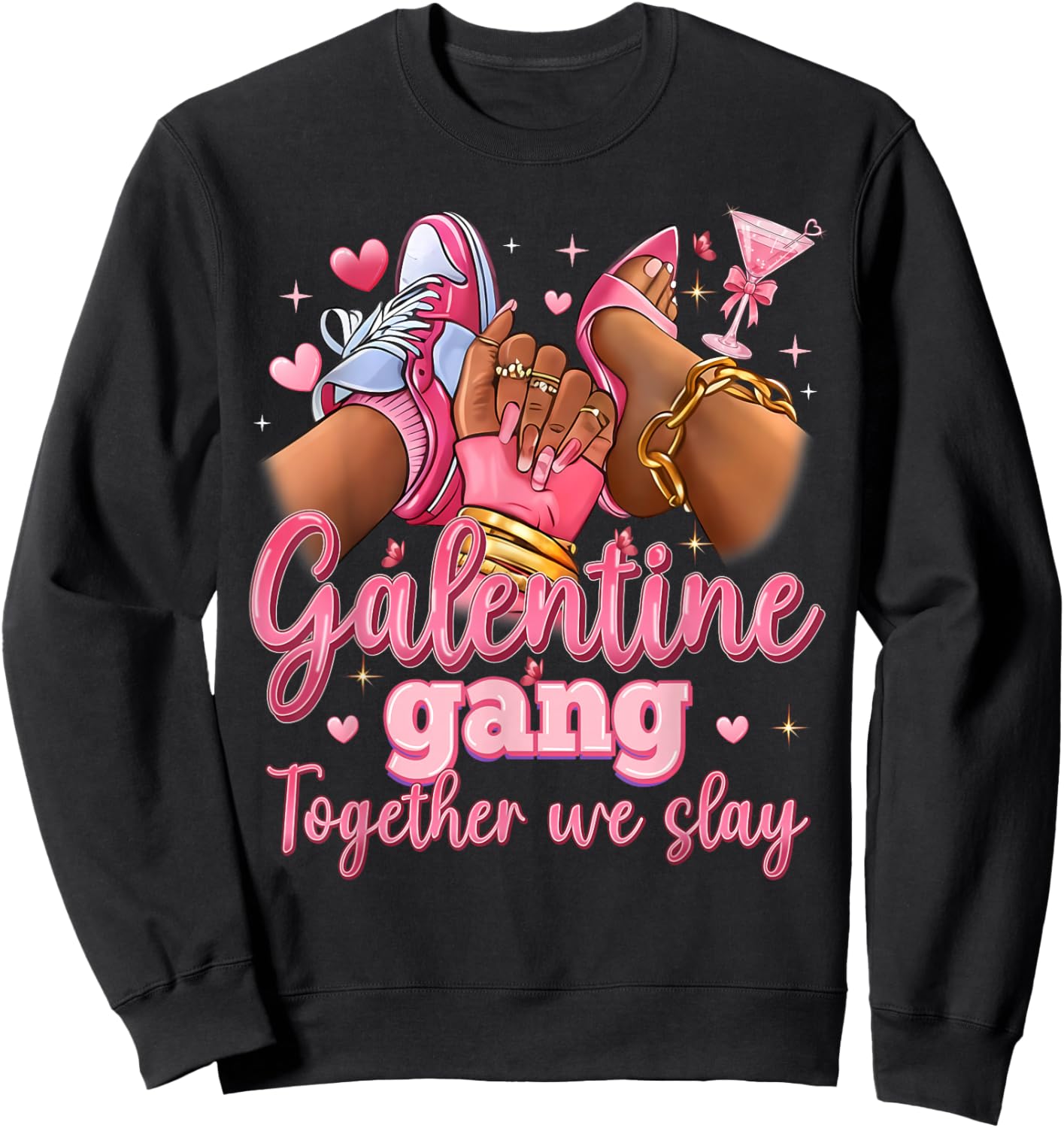 Galentine Gang Black Women High Heels Sneakers Nails Graphic Sweatshirt - Sweatshirt | Black