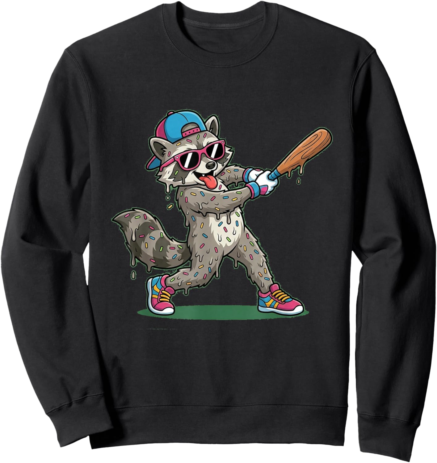 Funny Baseball Raccoon Donut Sprinkle Hitter Trash Panda Sweatshirt - Sweatshirt | Black