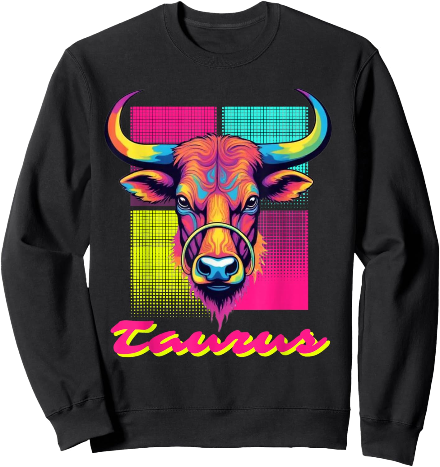 Taurus Bull Neon Retro 80s Vaporwave Zodiac Graphic, Taurus Sweatshirt - Sweatshirt | Black