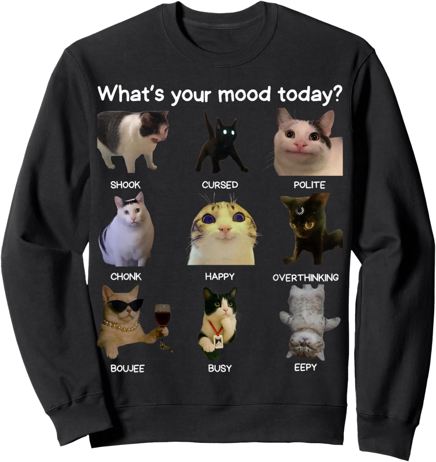 Funny Cat Meme Men Women What's Your Mood Today? Sweatshirt - Sweatshirt | Black
