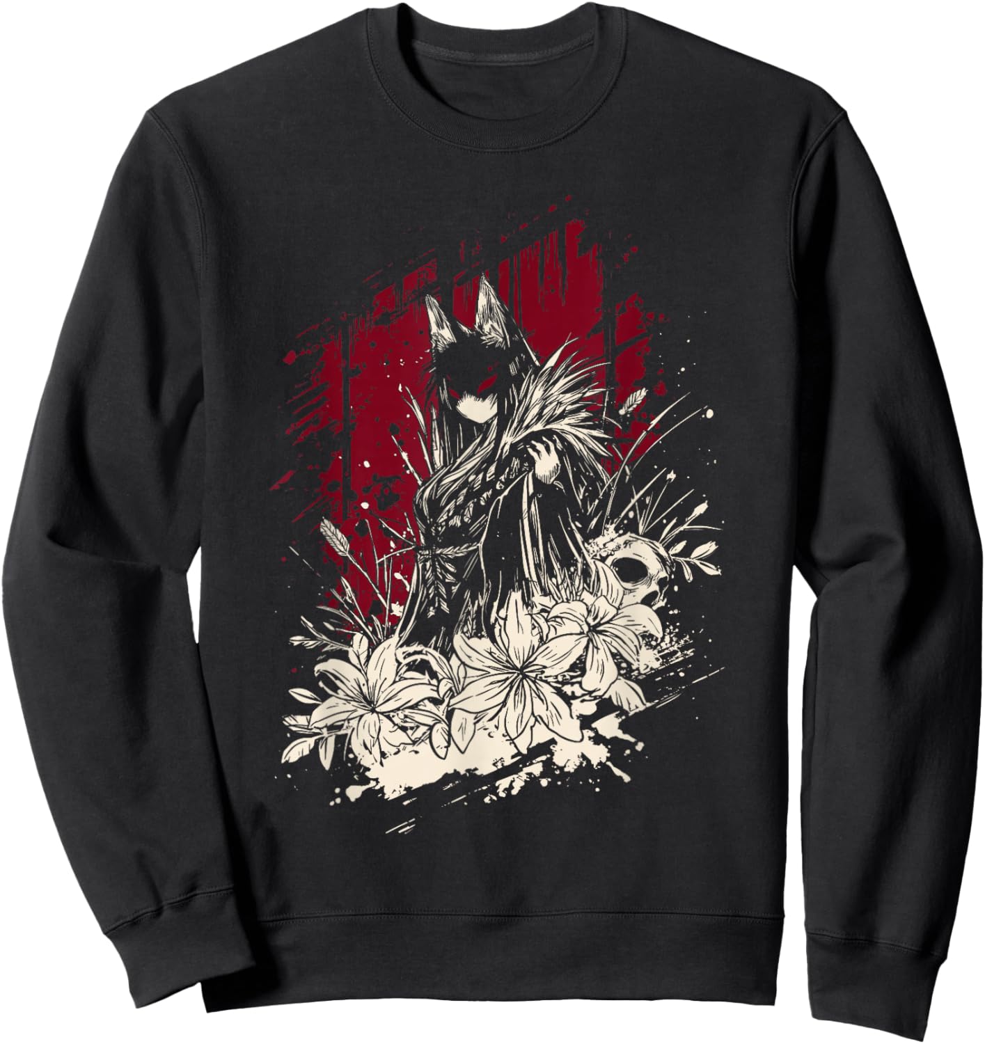 Kitsune Japanese Anime Gothic Girl Horror Aesthetic Art Sweatshirt - Sweatshirt | Black