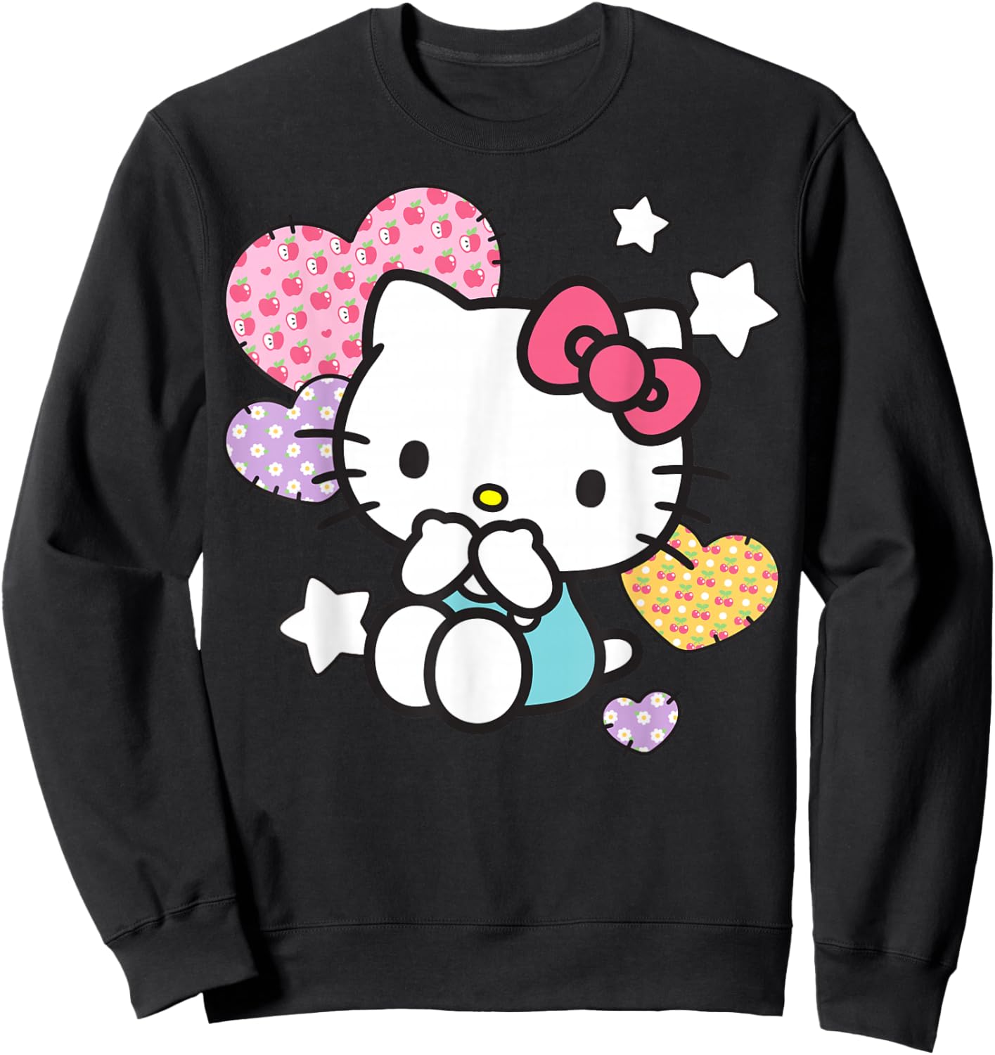Hello Kitty Stars and Patched Hearts Apples Cherries Daisies Sweatshirt - Sweatshirt | Black