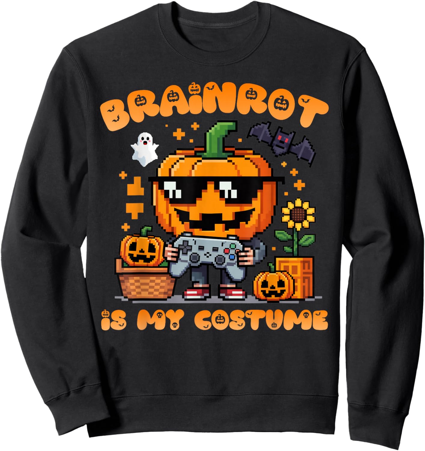 Brain Rot Halloween Shirt Kid Pumpkin Brainrot Gamer Costume Sweatshirt - Sweatshirt | Black