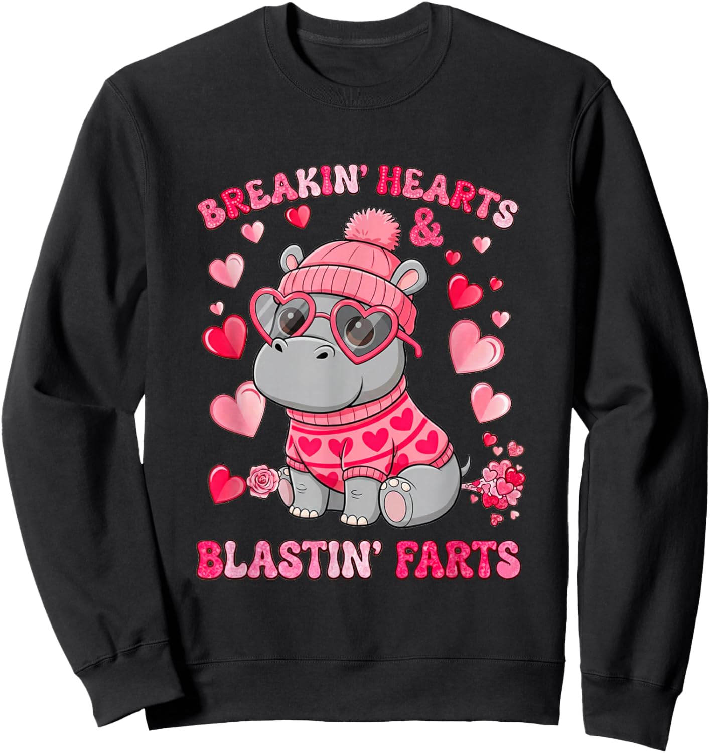 Funny Hippo Breaking Hearts Blasting Farts Valentines Day Sweatshirt - Sweatshirt | Black