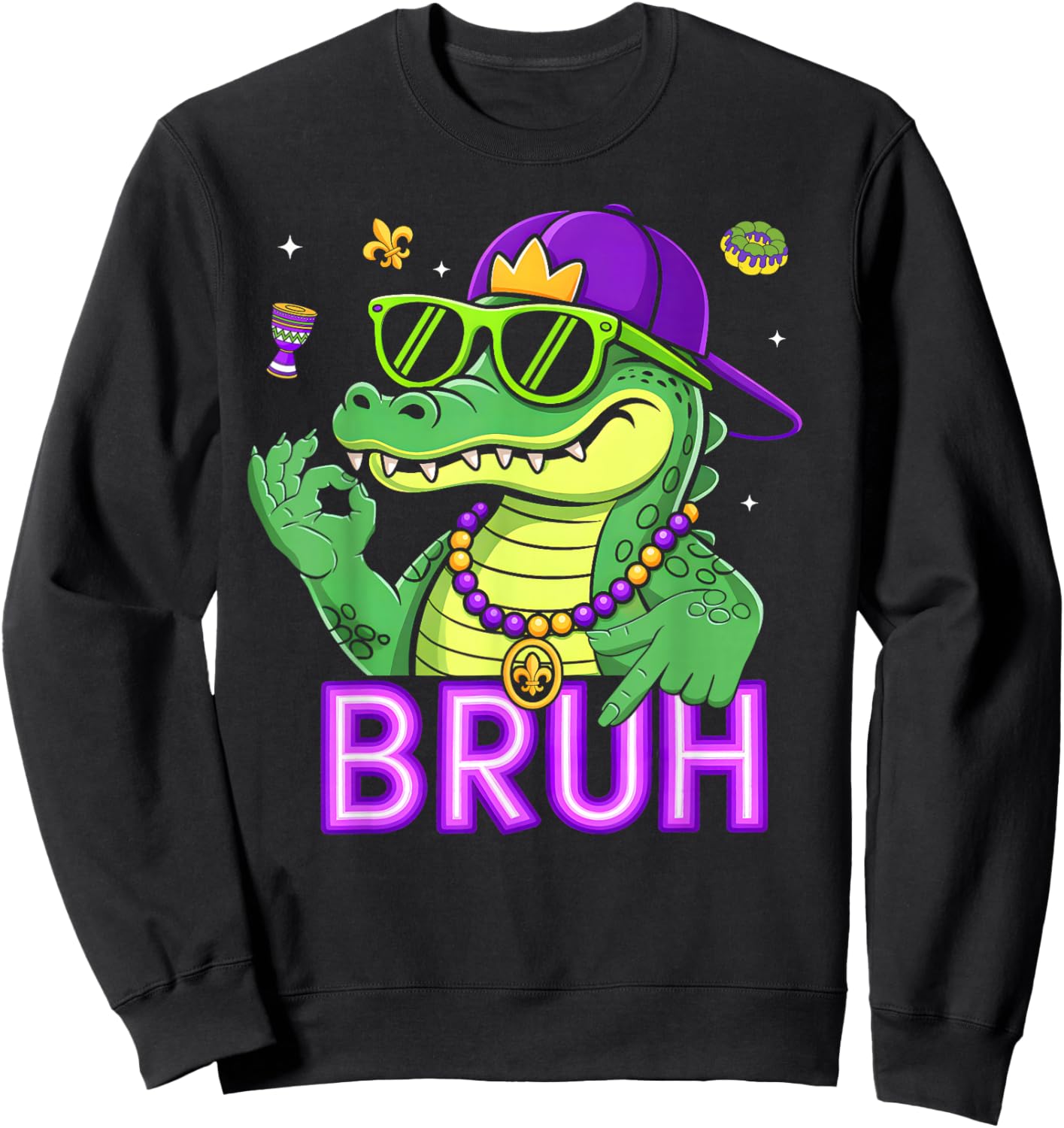 Funny Six Seven Bruh Mardi Gras Mardigator Alligator 67 Meme Sweatshirt - Sweatshirt | Black