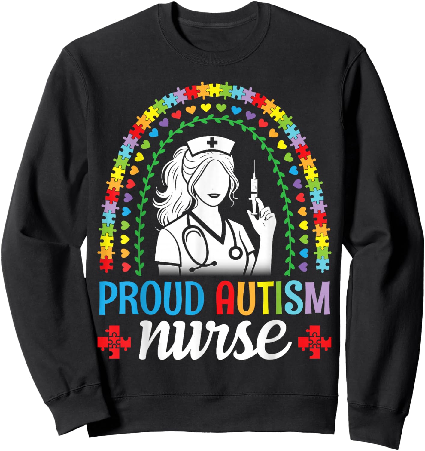 Proud Autism Nurse Awareness Puzzle Rainbow Medical Health Sweatshirt - Sweatshirt | Black