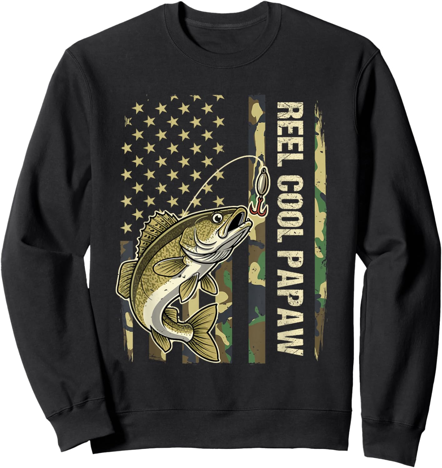 Reel Cool Papaw Walleye Fishing Camo American Flag Fisherman Sweatshirt - Sweatshirt | Black