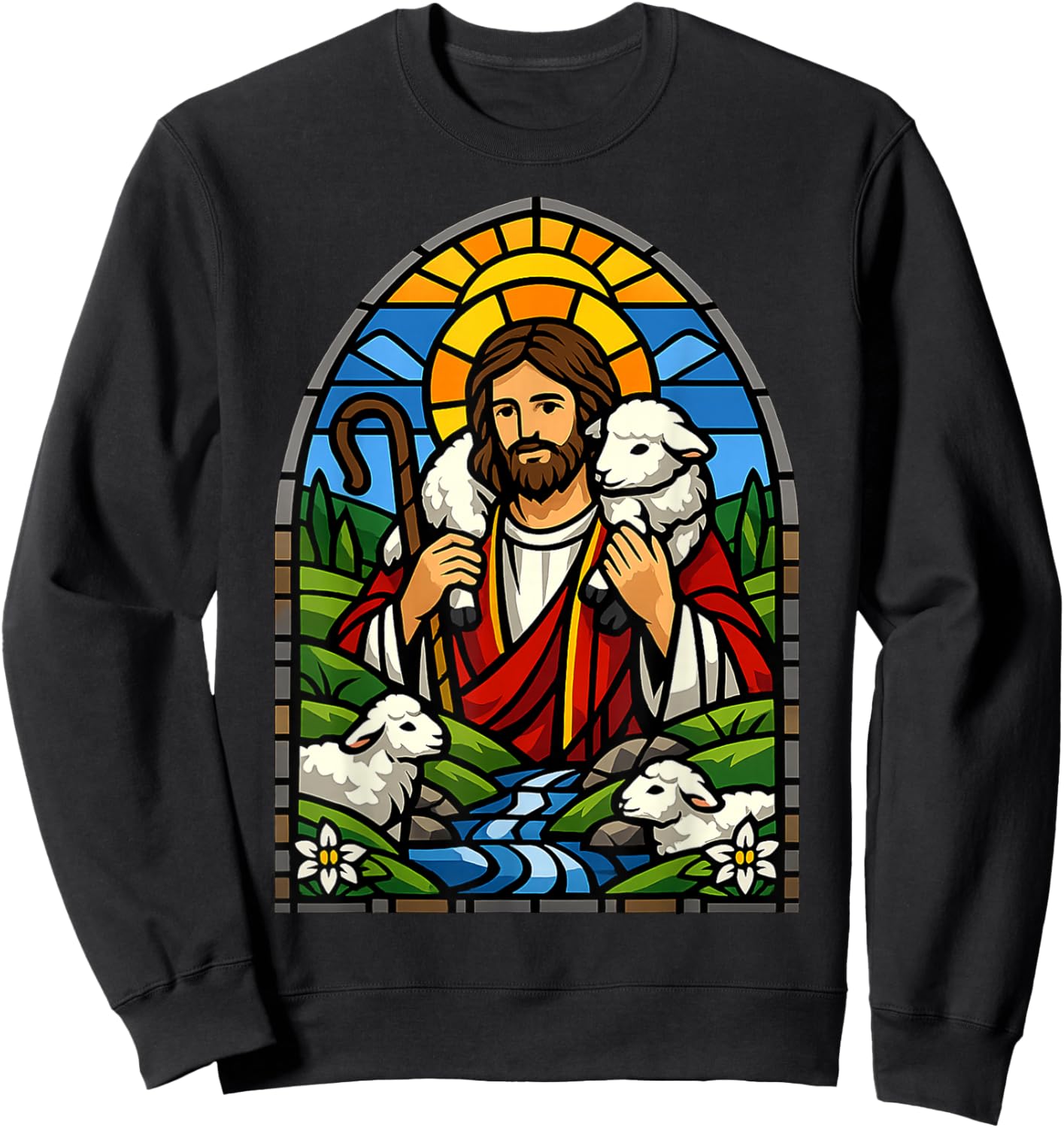 Stained Glass Jesus Shepherd with Lambs Christian Art Design Sweatshirt - Sweatshirt | Black