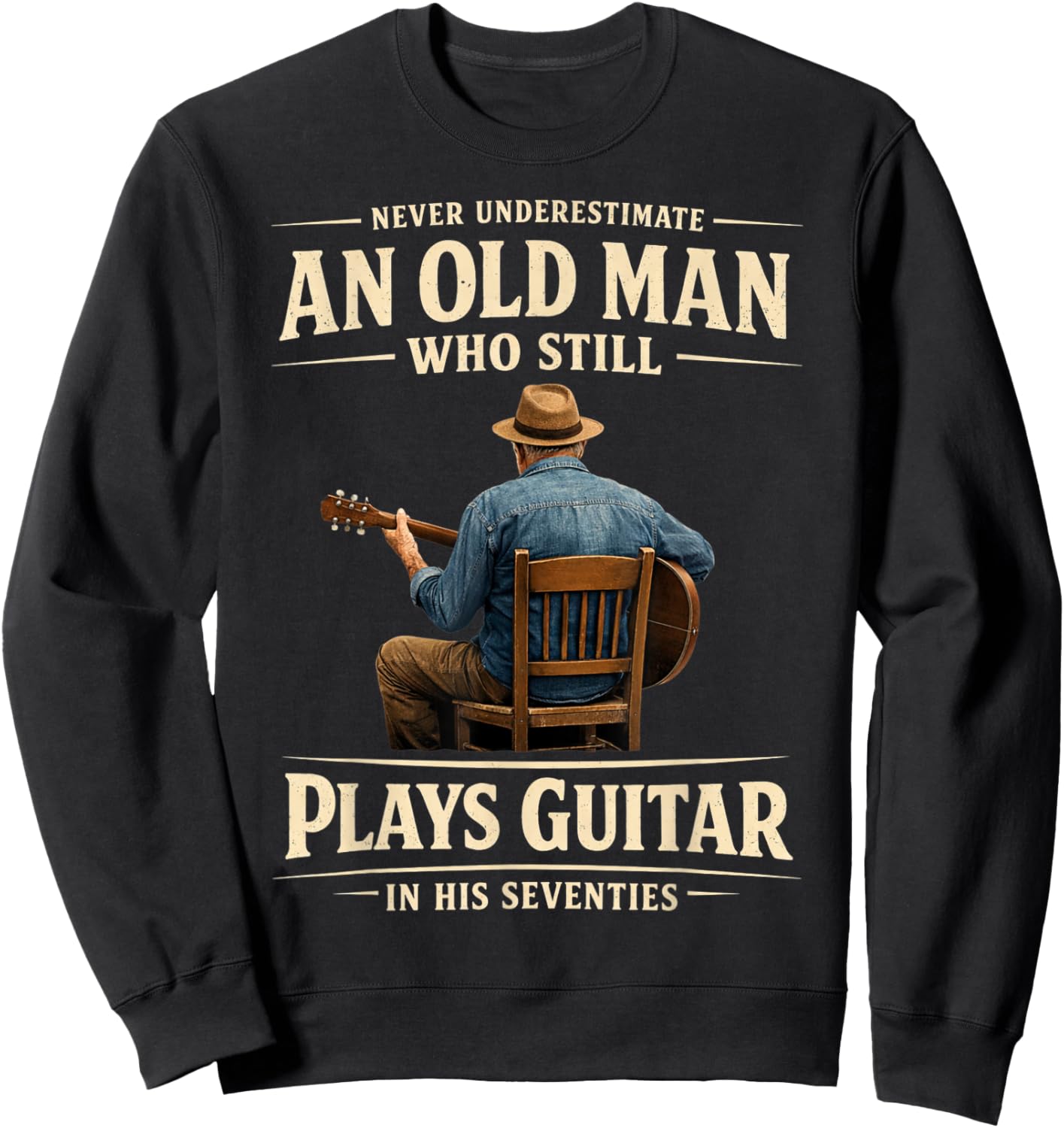 70th Birthday Acoustic Guitar Player Vintage Seventies Sweatshirt - Sweatshirt | Black