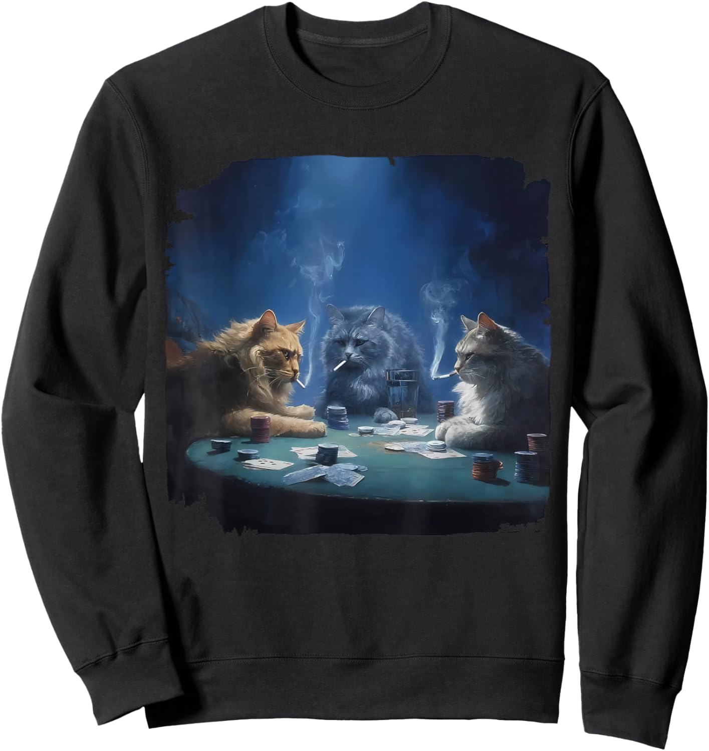 Funny Cats Smoking Playing Poker Gambling Pot Cards Meme Sweatshirt - Sweatshirt | Black
