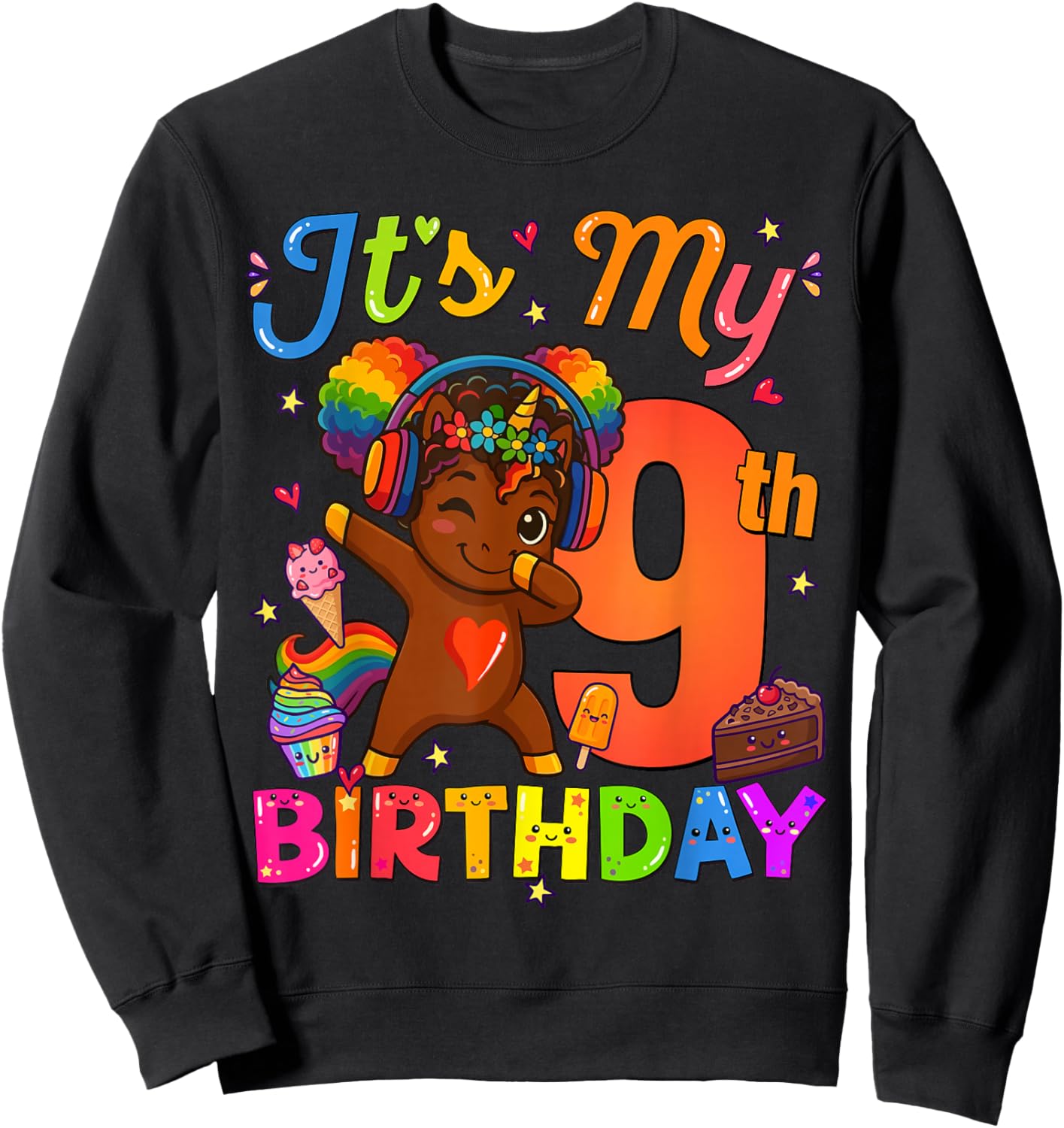 Unicorn Afro 9th Birthday Girl Natural Hair Afro American Sweatshirt - Sweatshirt | Black