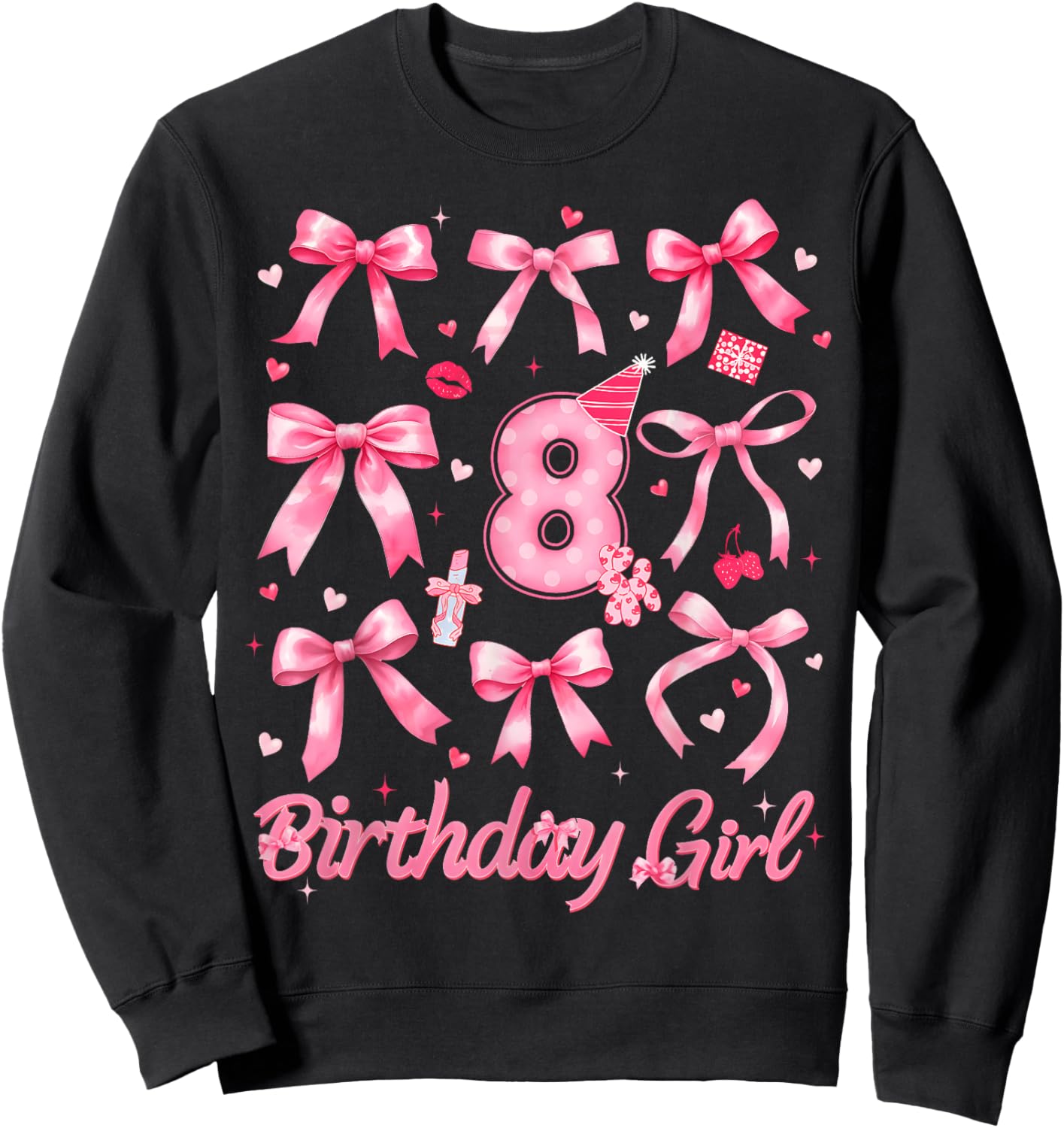 8th Birthday 8 Years Old Coquette Bow Pink Birthday Girl Sweatshirt - Sweatshirt | Black