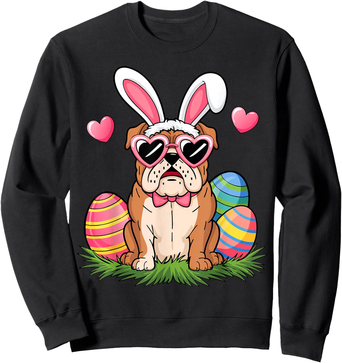 English Bulldog Dog Easter Day Ears Bunny Women Girls Boys Sweatshirt - Sweatshirt | Black