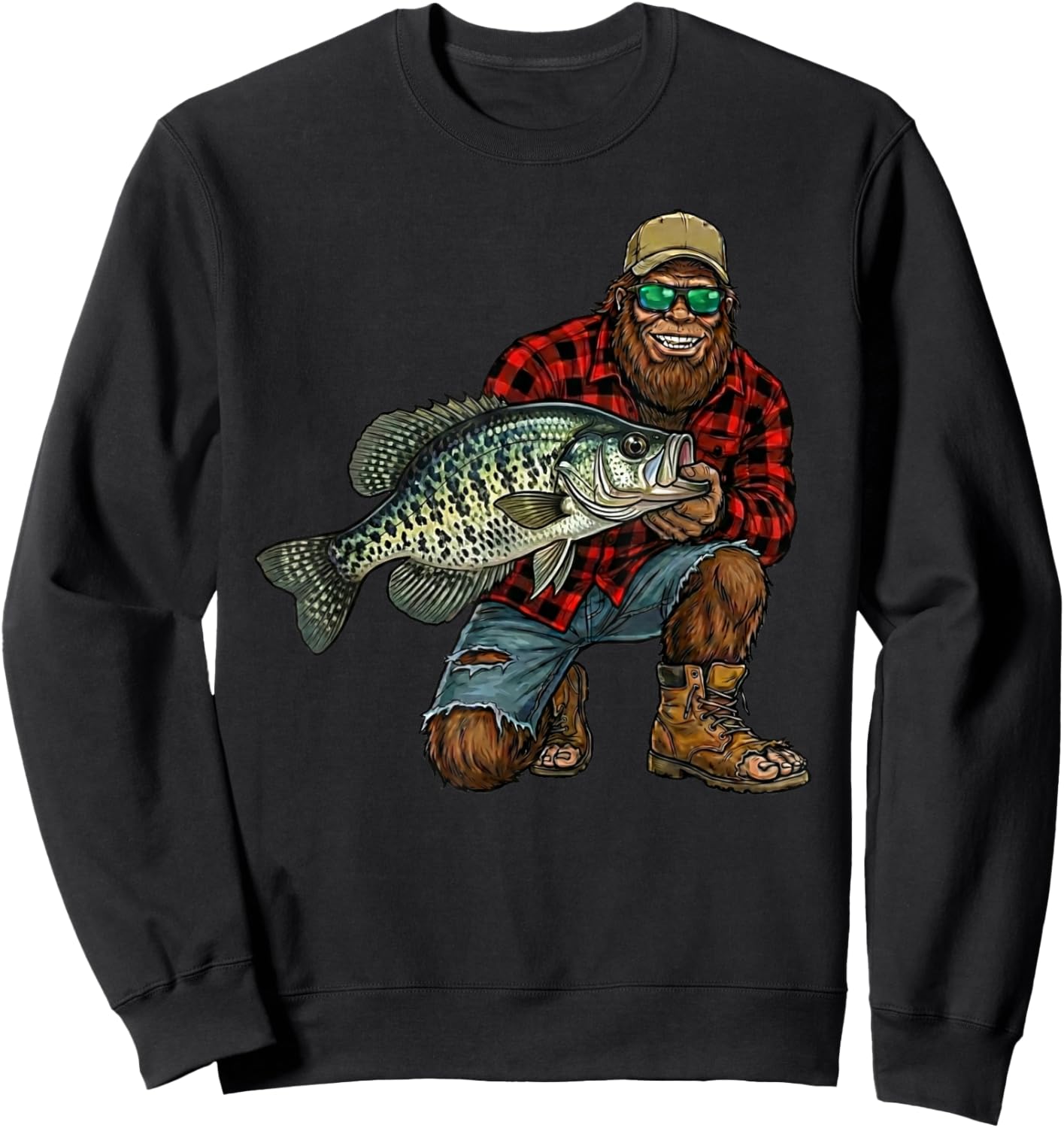 Bigfoot Crappie Fishing Trophy Funny Sasquatch Fisherman Sweatshirt - Sweatshirt | Black